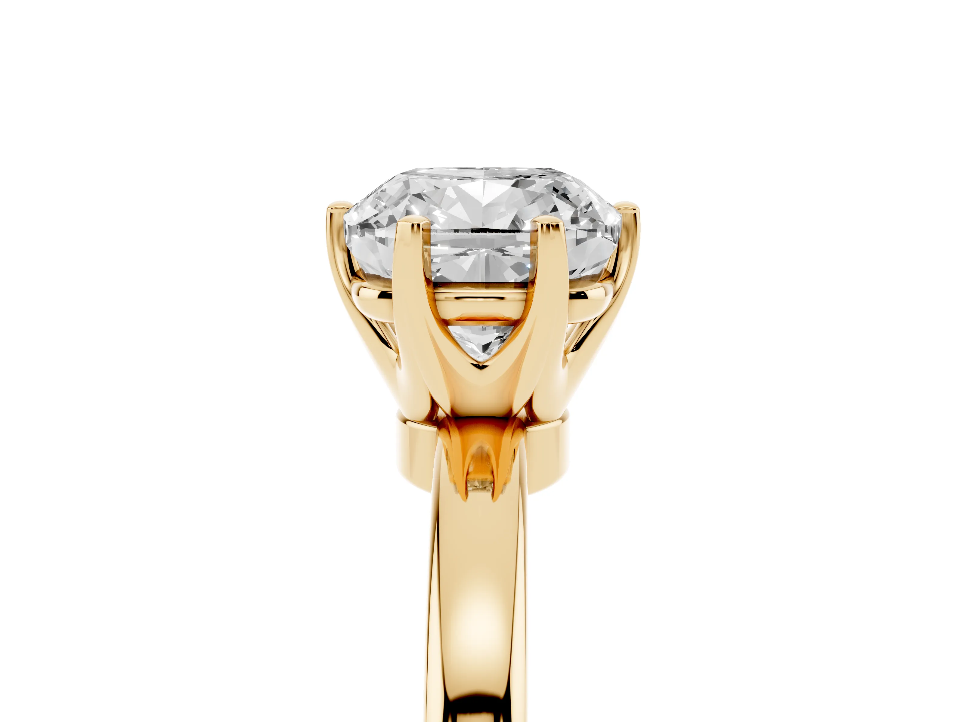 Cushion Cut Diamond Solitaire Ring Set in Yellow gold with Raised Prong Setting on a Classic Band