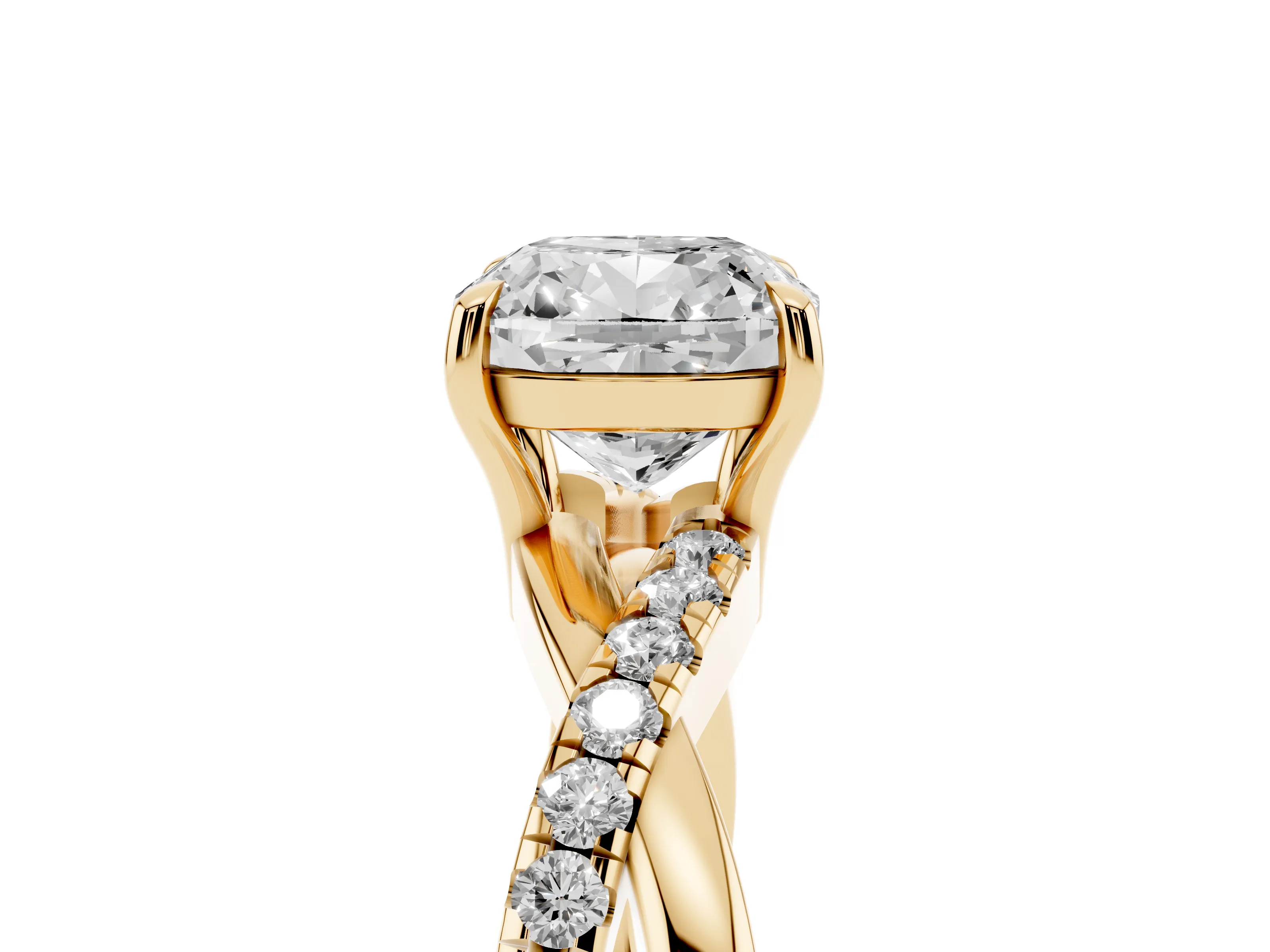 Cushion Cut Diamond Twisted Pavé Band Ring Set in Yellow gold with Prong Setting
