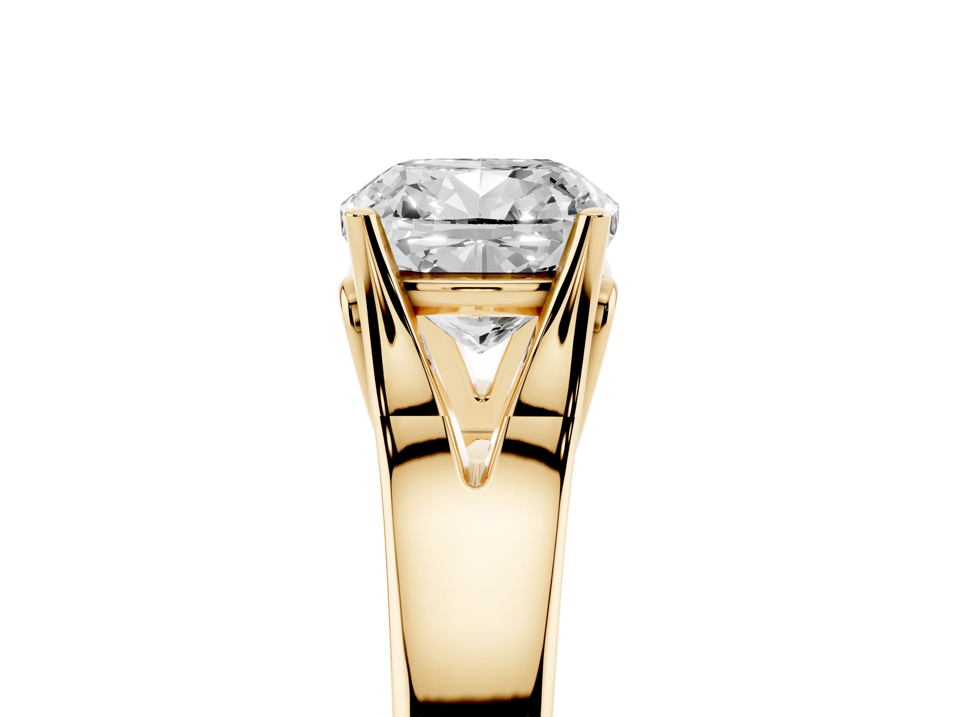 Cushion Cut Diamond Solitaire Ring Set in Yellow gold with Arched Cathedral Band and Prong Setting
