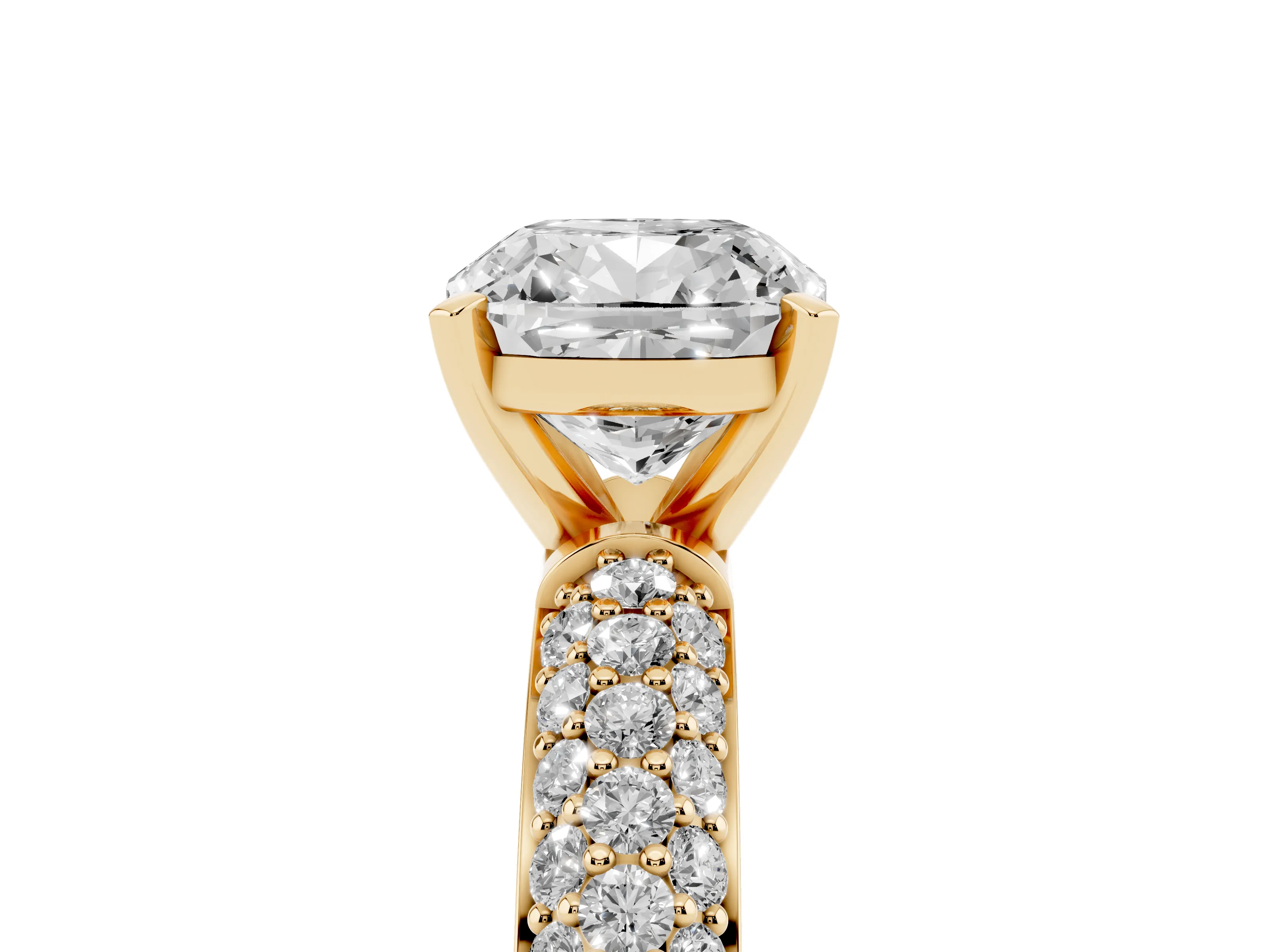 Cushion Cut Diamond Solitaire Ring Set in Yellow gold with Prong Setting and Pavé-Set Band