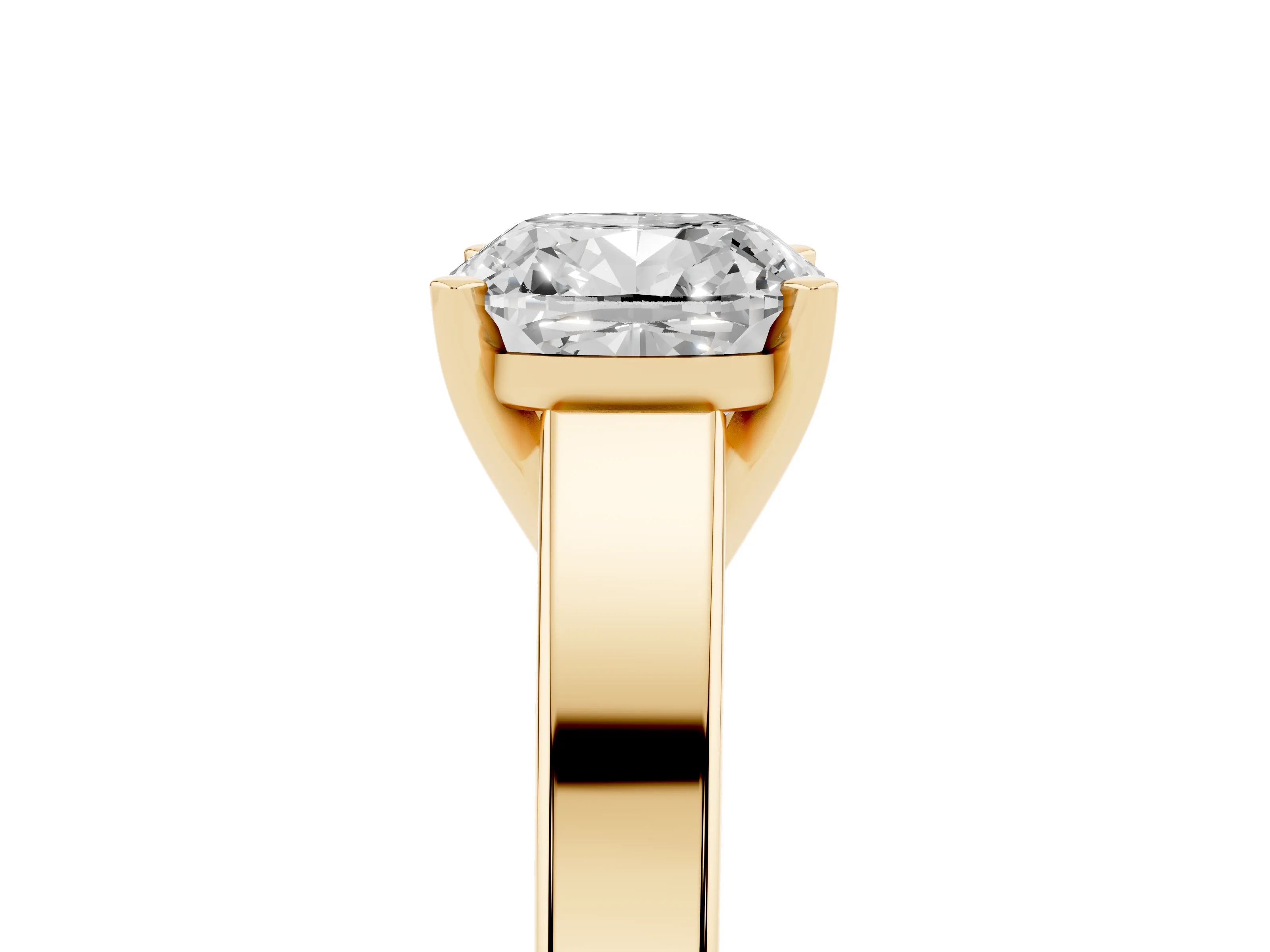 Cushion Cut Diamond Solitaire Engagement Ring Set in Yellow gold with Prong Setting and Tapered Band