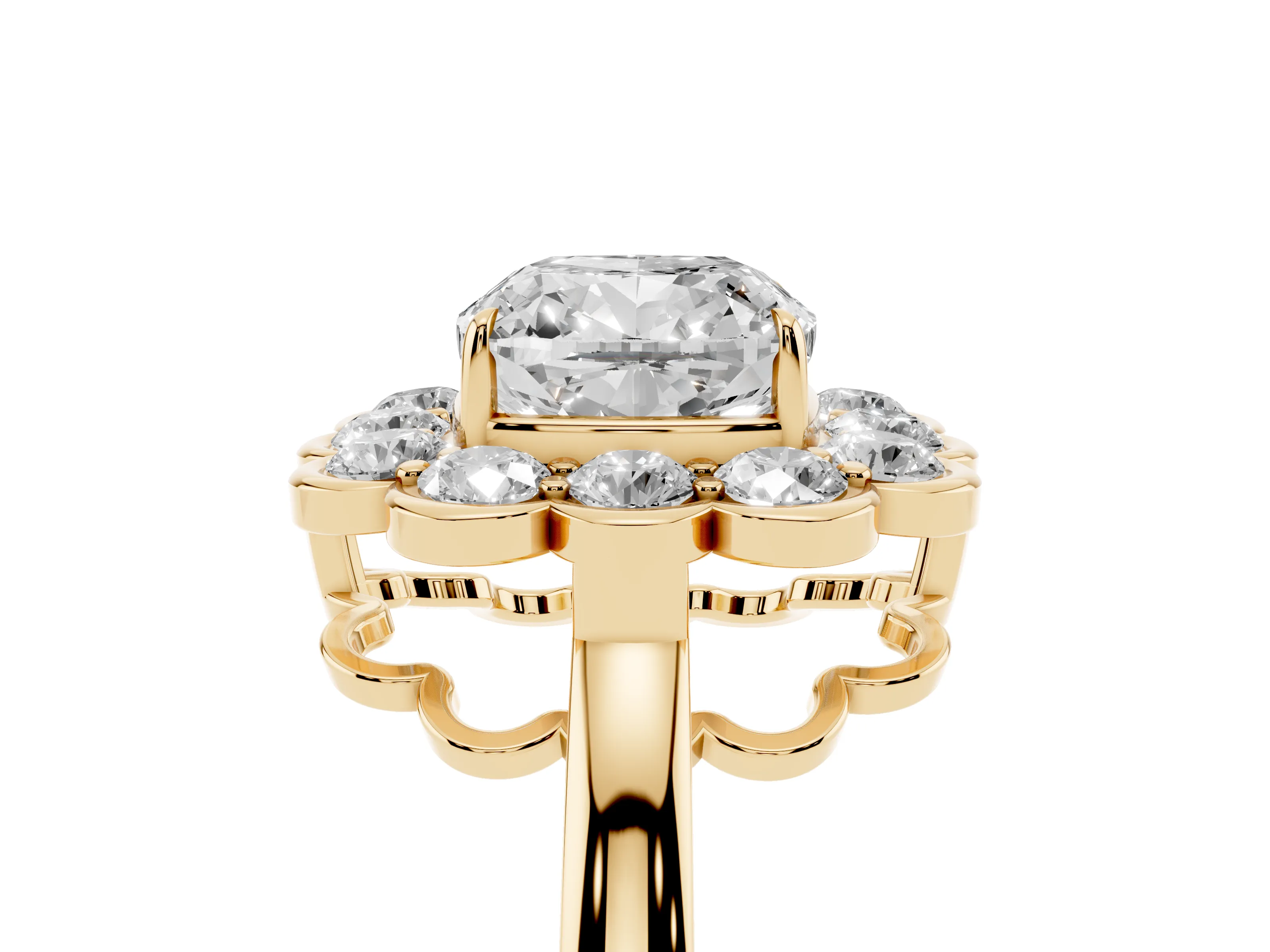 Cushion Cut Diamond Halo Cluster Engagement Ring Set in Yellow gold with Solitaire Band and Prong Setting