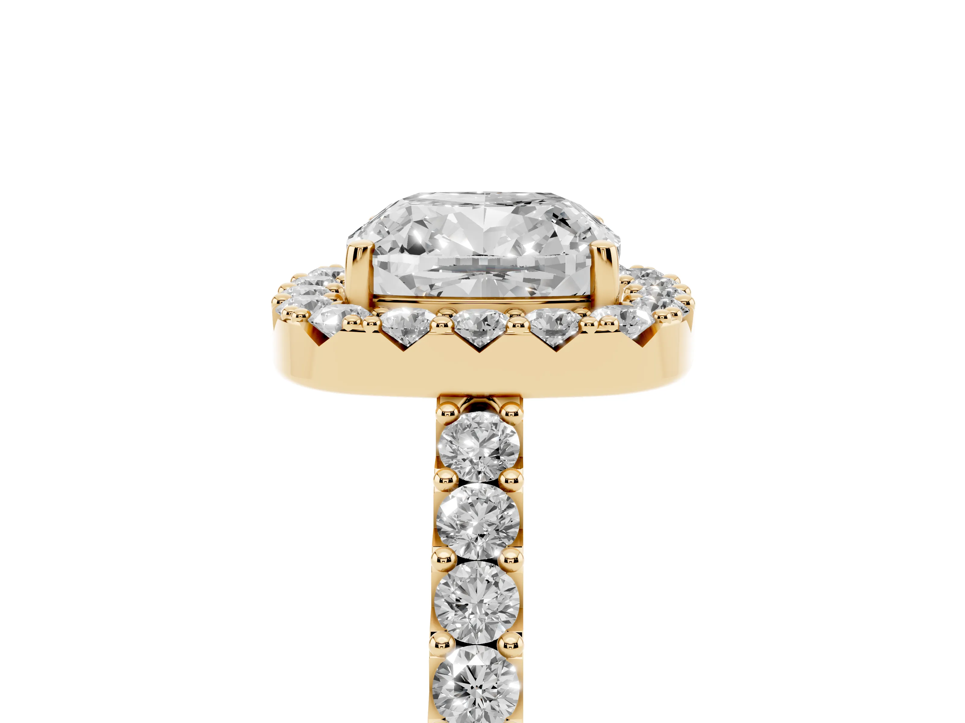 Cushion Cut Diamond Halo Pavé Solitaire Ring Set in Yellow gold with Prong-Set Center Stone