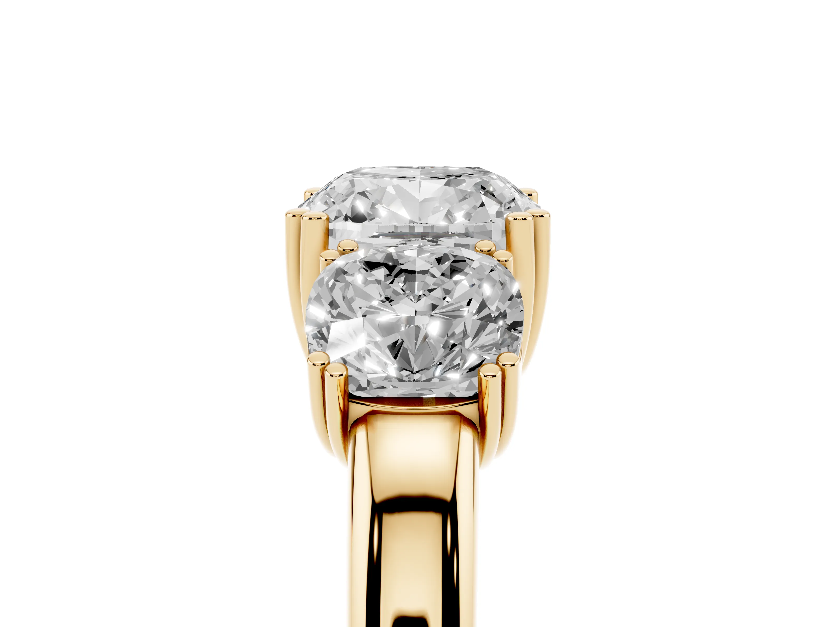 Cushion Cut Diamond Three-Stone Ring Set in Yellow gold with Polished Band and Prong Setting