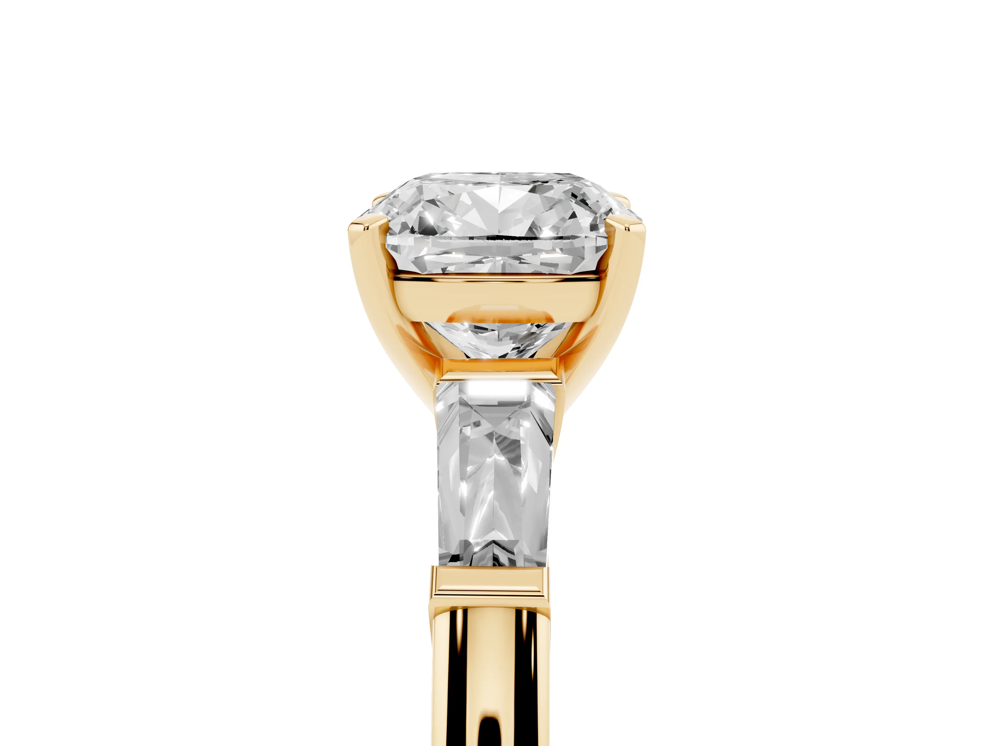 Cushion Cut Diamond Solitaire Ring Set in Yellow gold with Tapered Baguette Side Stones and Prong Setting