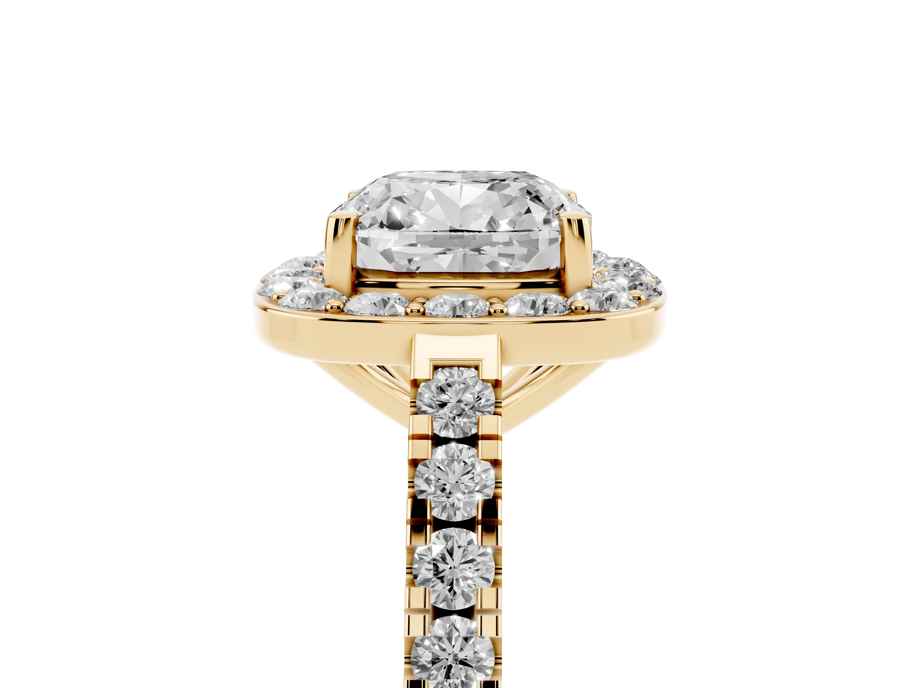 Cushion Cut Diamond Halo Ring Set in Yellow gold with Round Pavé Split Shank and Prong Setting