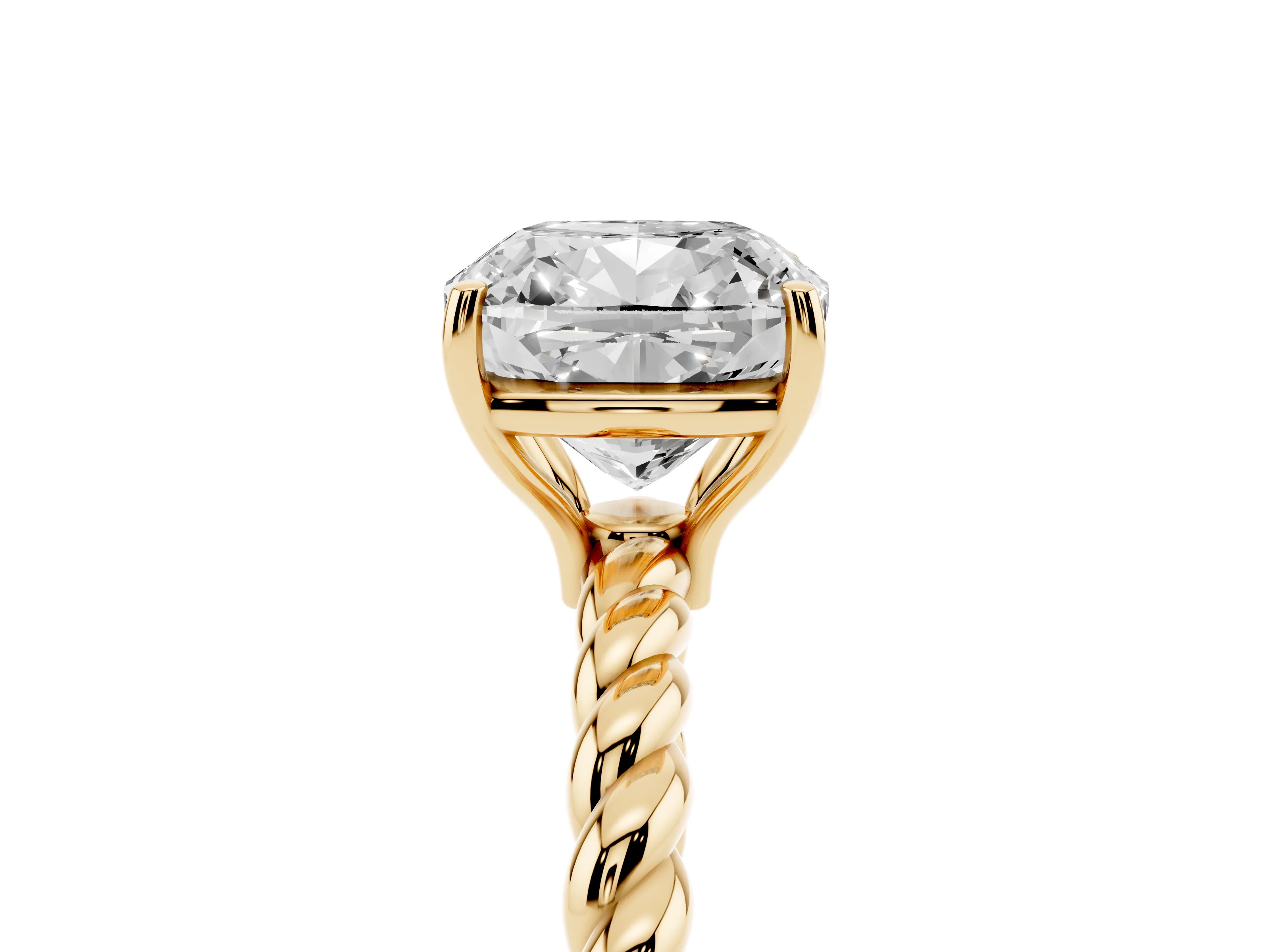 Cushion Cut Diamond Solitaire Ring Set in Yellow gold with Twist Band and Prong Setting