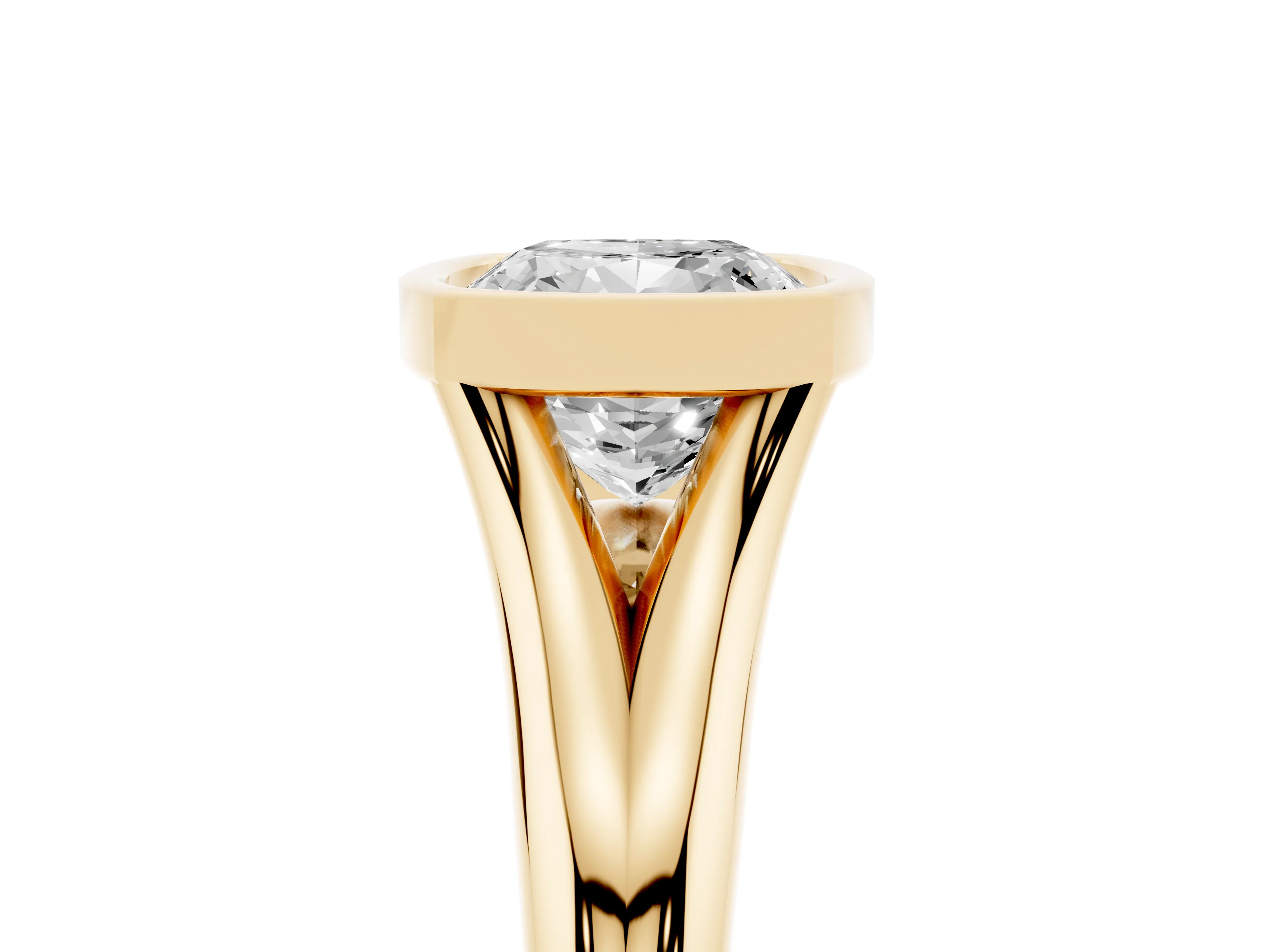 Bezel Set Cushion Cut Diamond Solitaire Ring Set in Yellow gold with Smooth Band