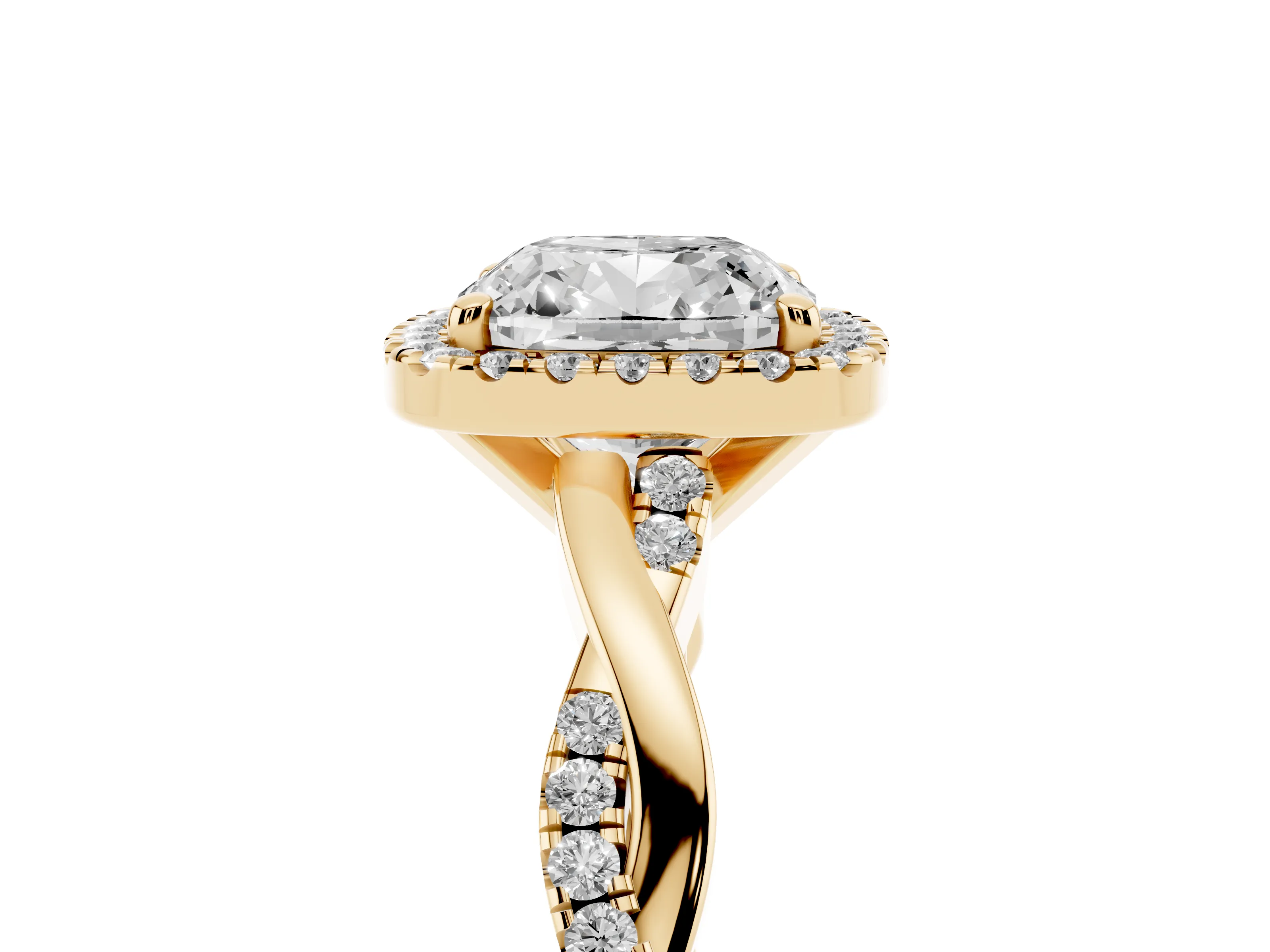 Cushion Cut Diamond Halo Twisted Band Ring Set in Yellow gold with Prong Setting