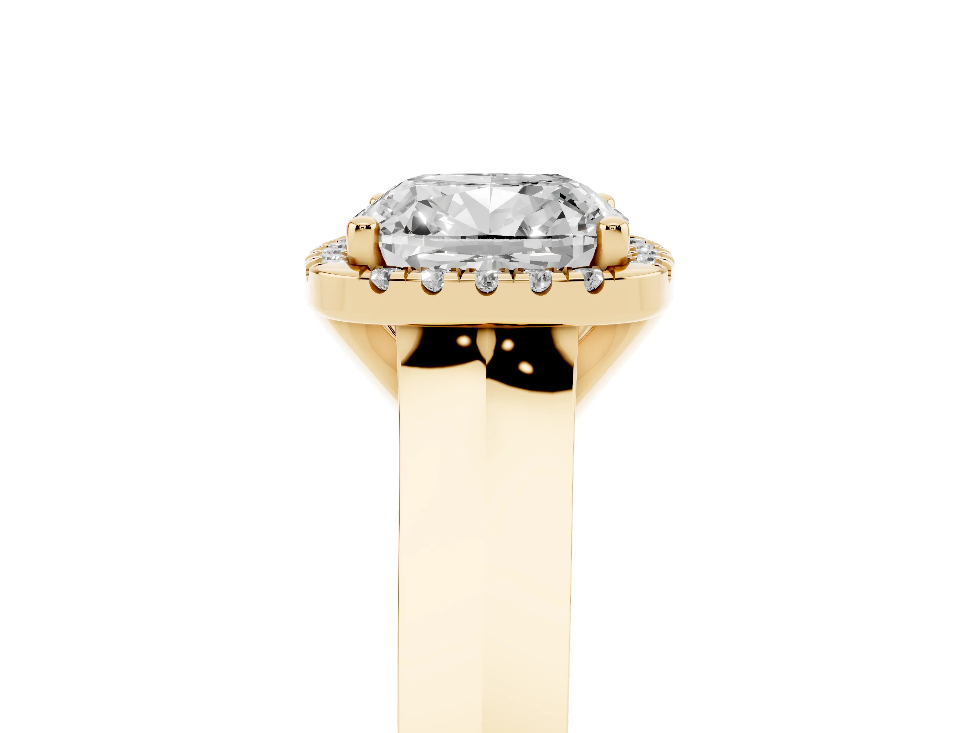 Cushion Cut Diamond Halo Ring Set in Yellow gold with Cathedral Band and Prong Setting
