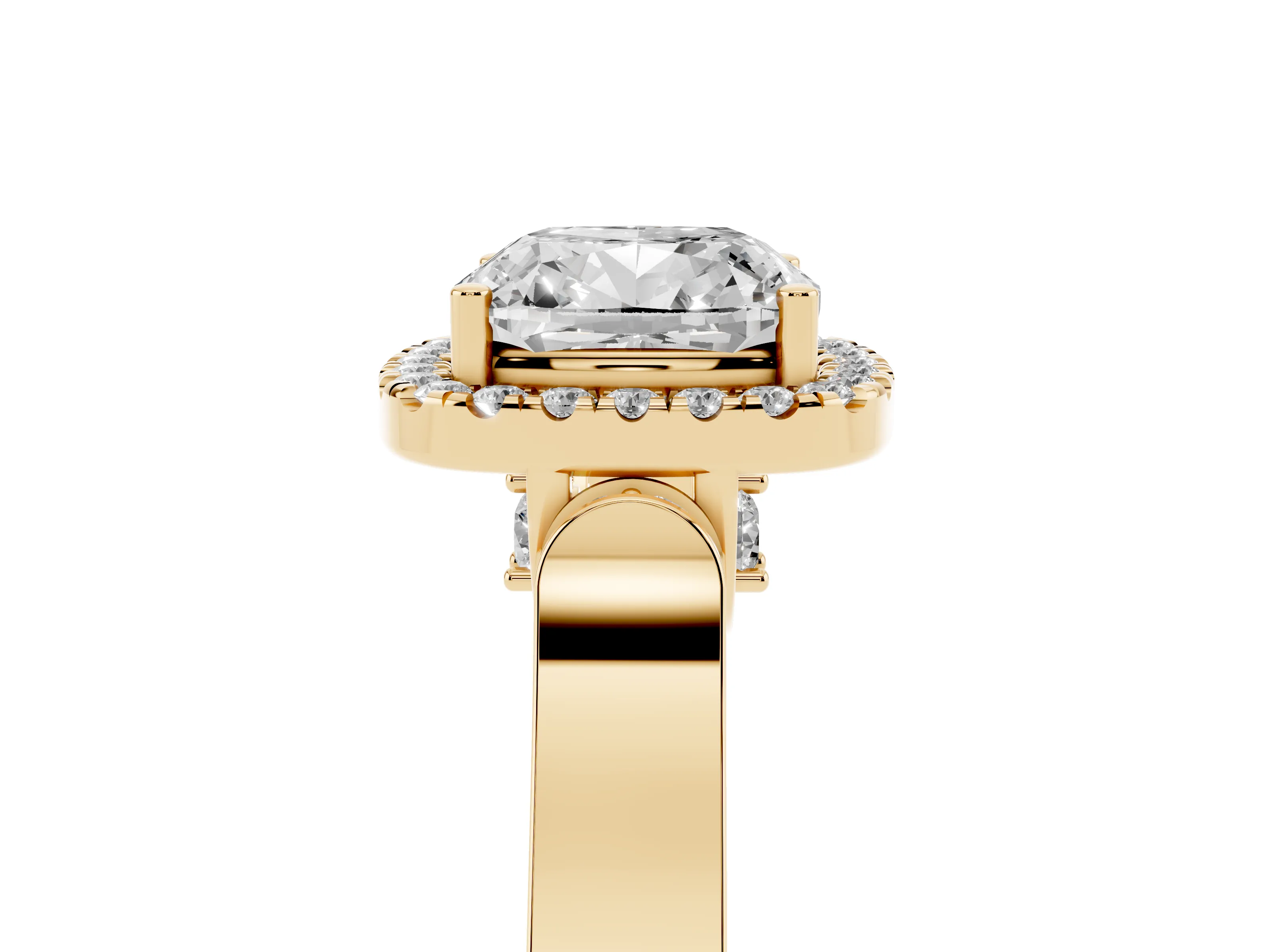 Cushion Cut Diamond Halo Ring Set in Yellow gold with Pavé-Lined Split Shank Band