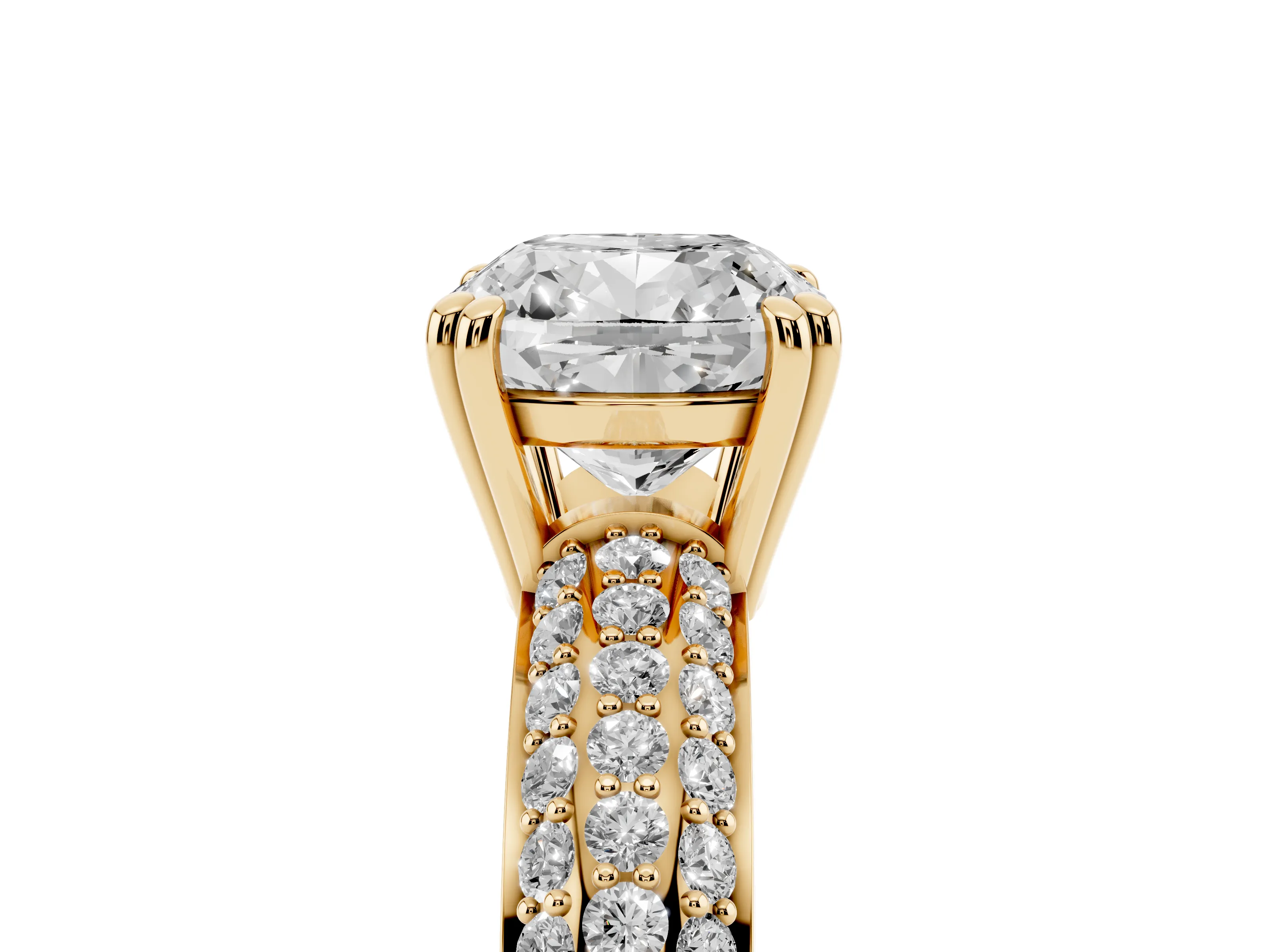 Cushion Cut Diamond Solitaire Ring Set in Yellow gold with Multi-Row Round Pavé Band and Prong Setting