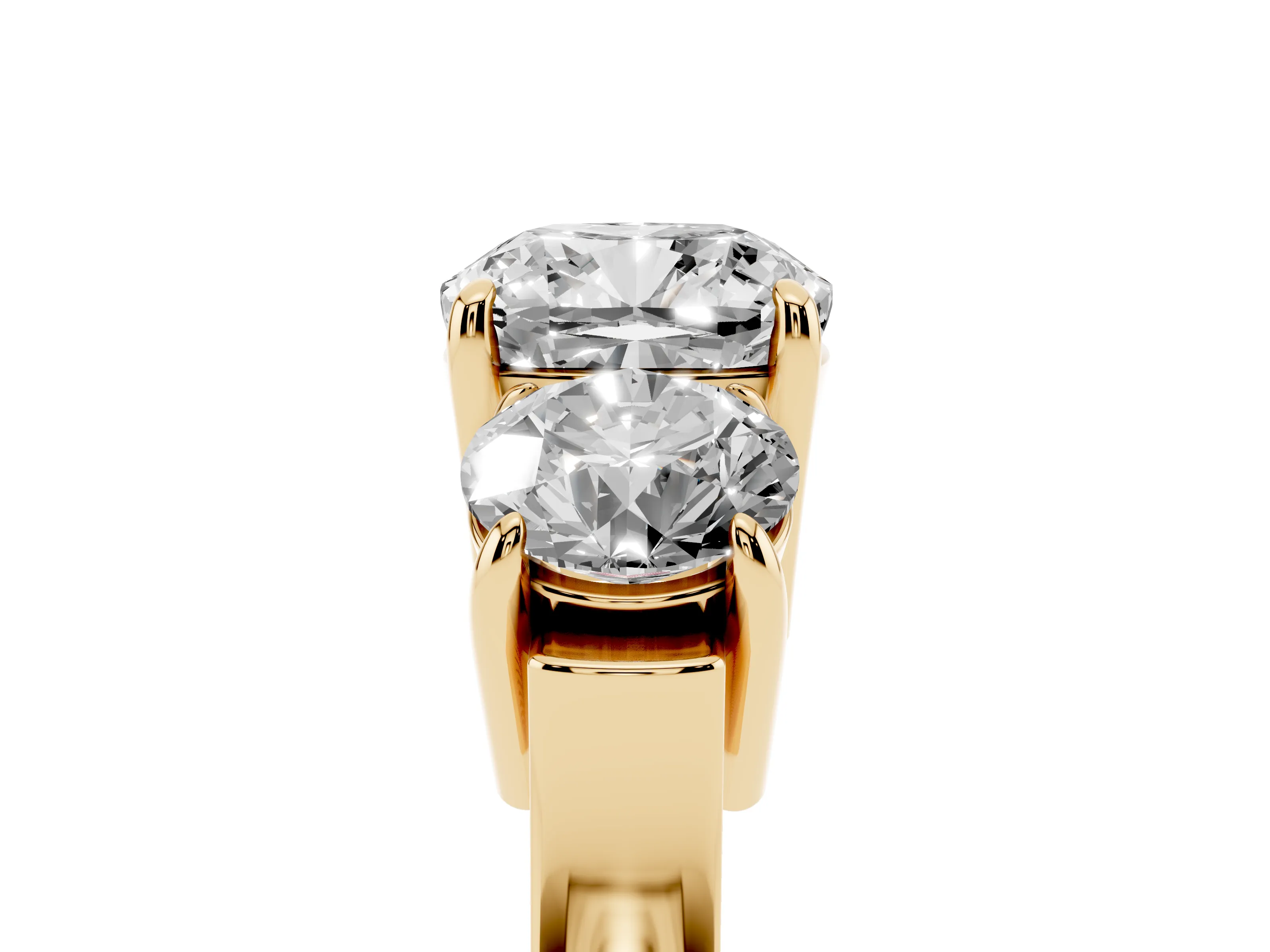 Cushion Cut Diamond Three-Stone Ring Set in Yellow gold with Round Accent Stones and Plain Band