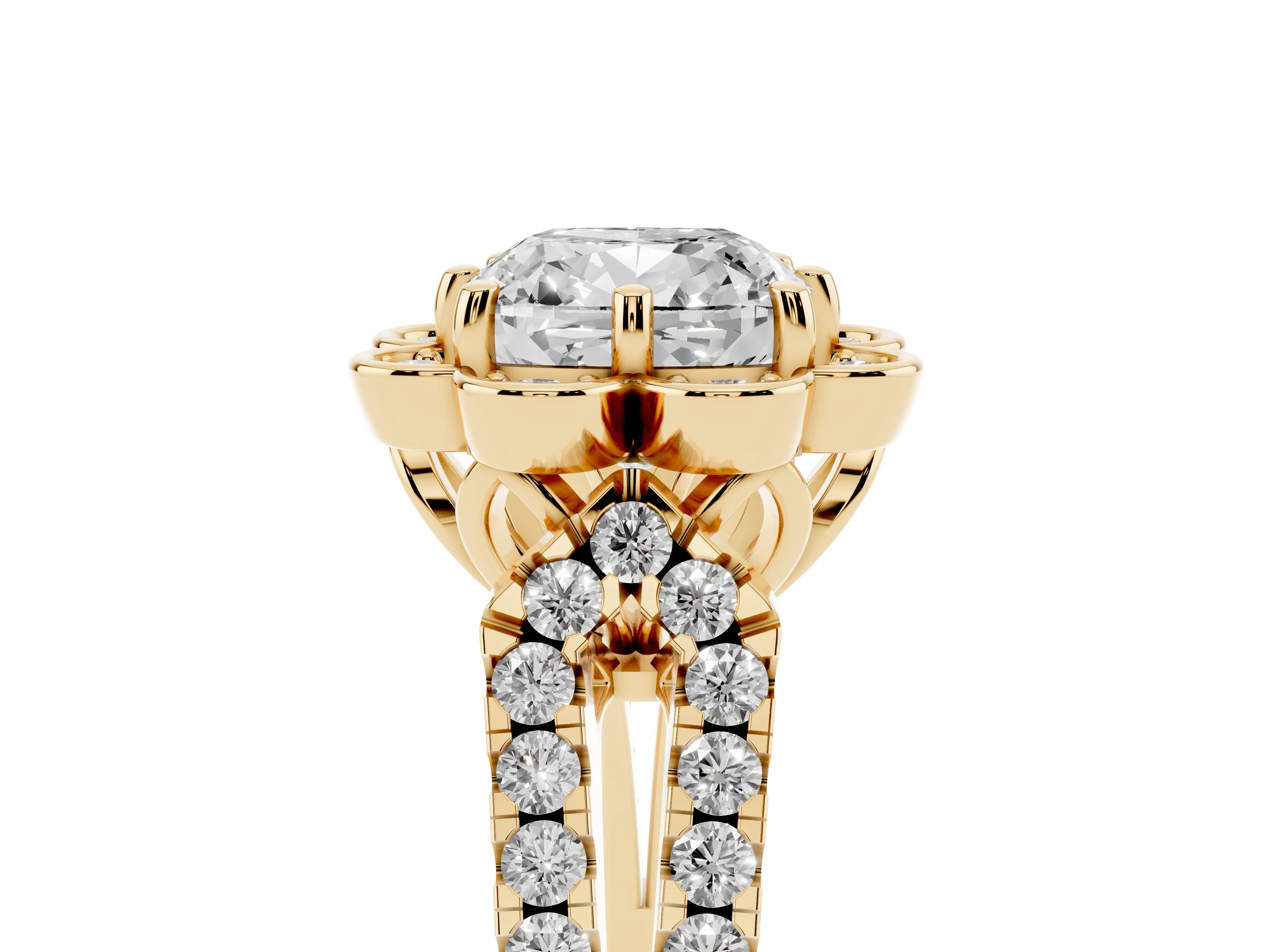 Cushion Cut Diamond Floral Halo Split Shank Engagement Ring Set in Yellow gold with Pavé Shank