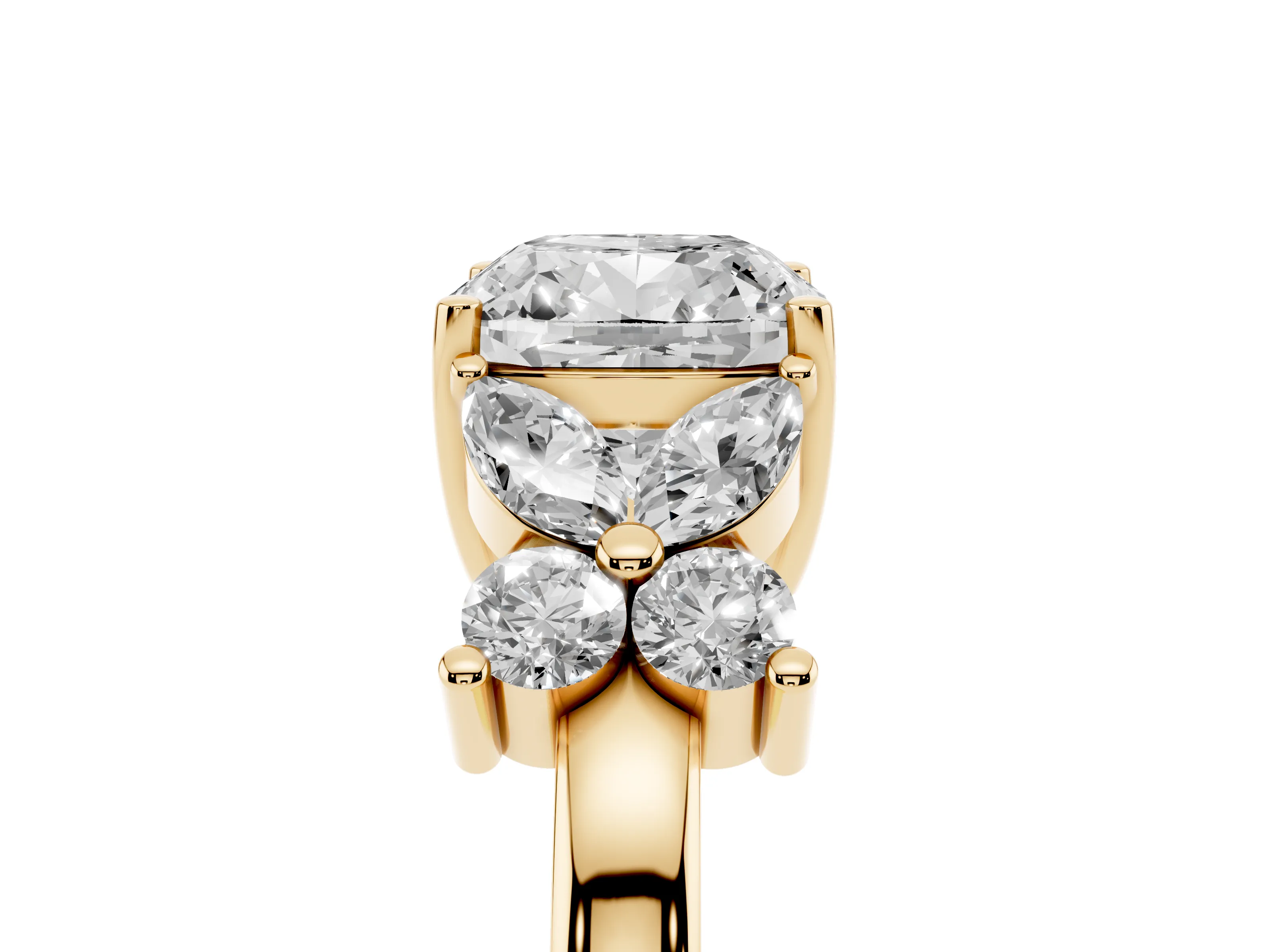 Cushion Cut Diamond Floral Cluster Ring Set in Yellow gold with Marquise Petals and Prong Setting
