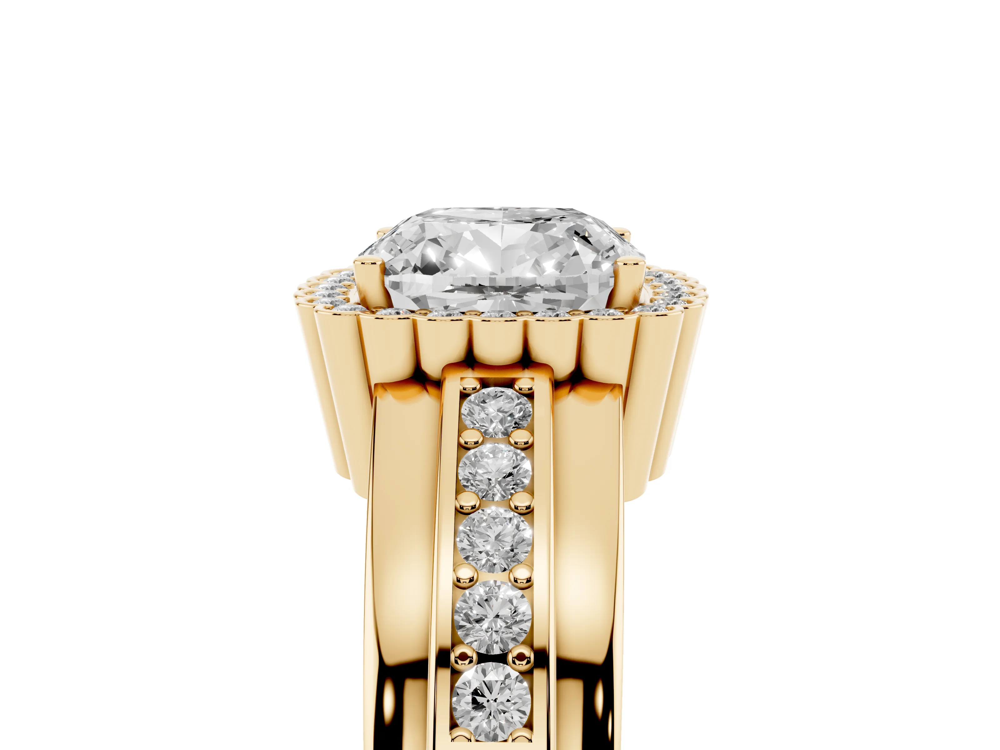 Cushion Cut Diamond Halo Prong Ring Set in Yellow gold with Pavé Band