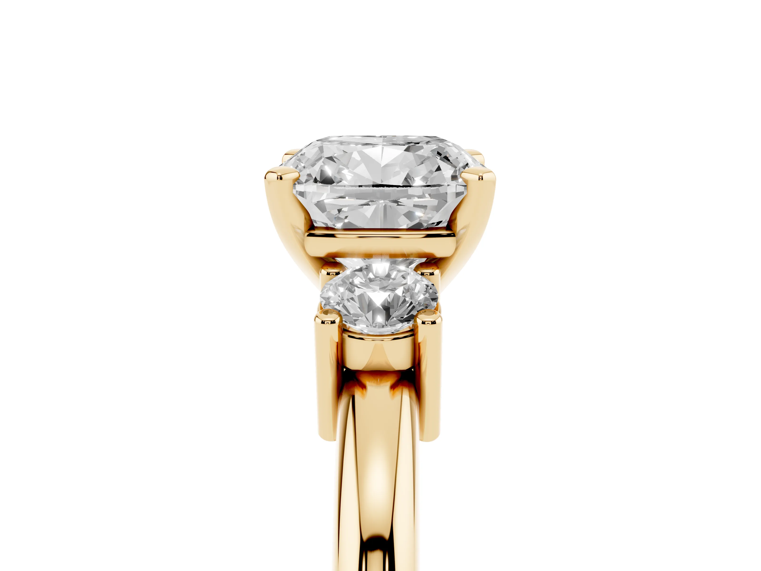 Three-Stone Cushion Cut Diamond Ring Set in Yellow gold with Prong Setting and Plain Band