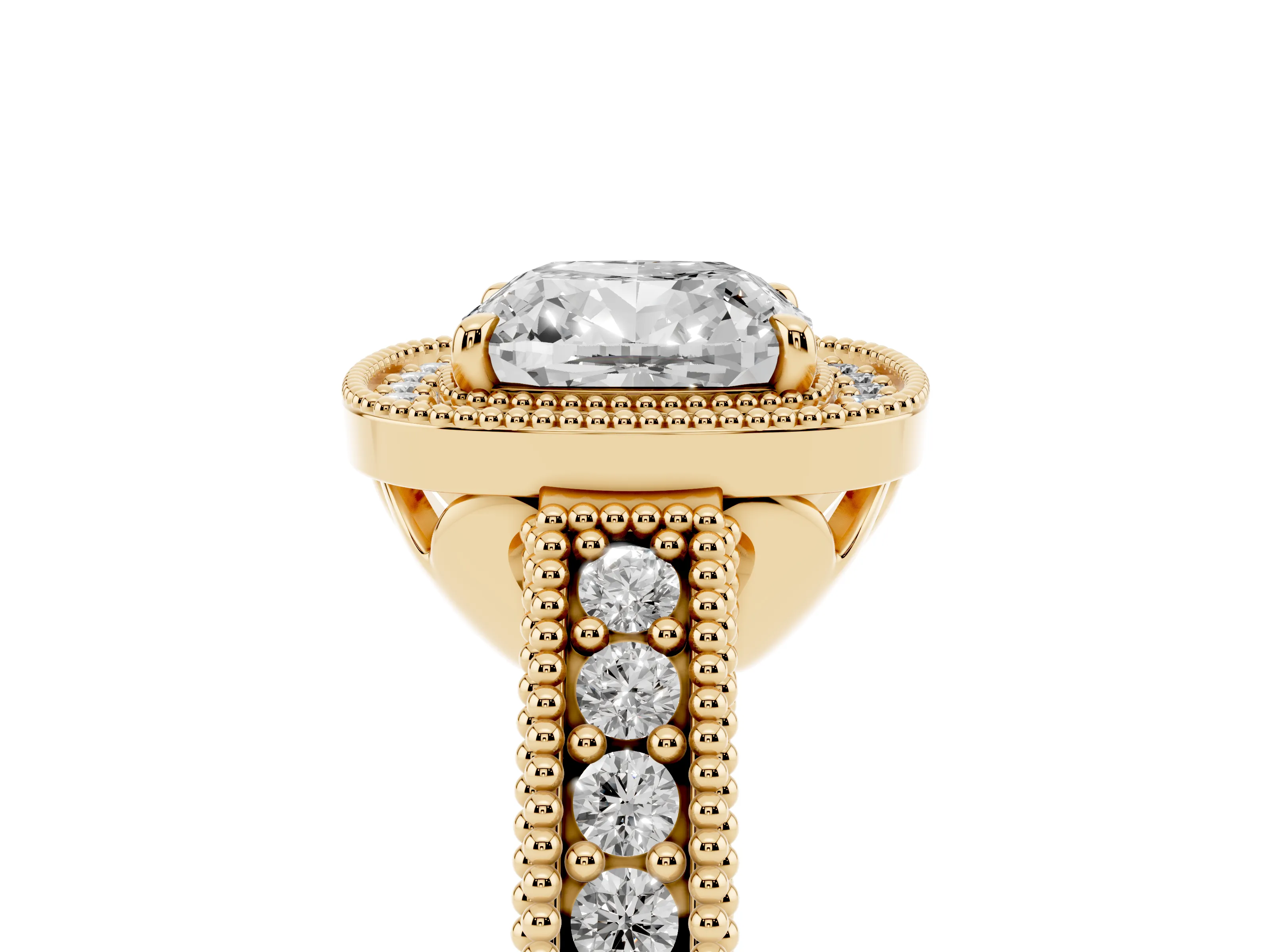 Cushion Cut Diamond Halo Ring Set in Yellow gold with Round Accent Halo, Pavé Band and Prong Setting