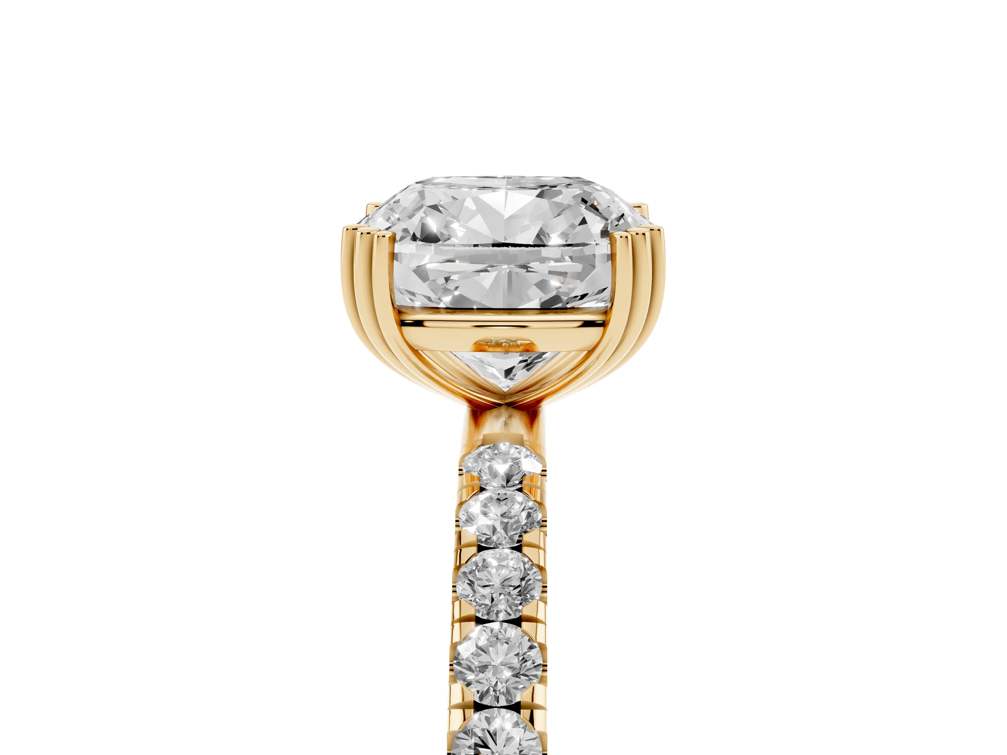 Cushion Cut Diamond Brilliant Solitaire Set in Yellow gold with Pavé Band and Claw Prong Setting