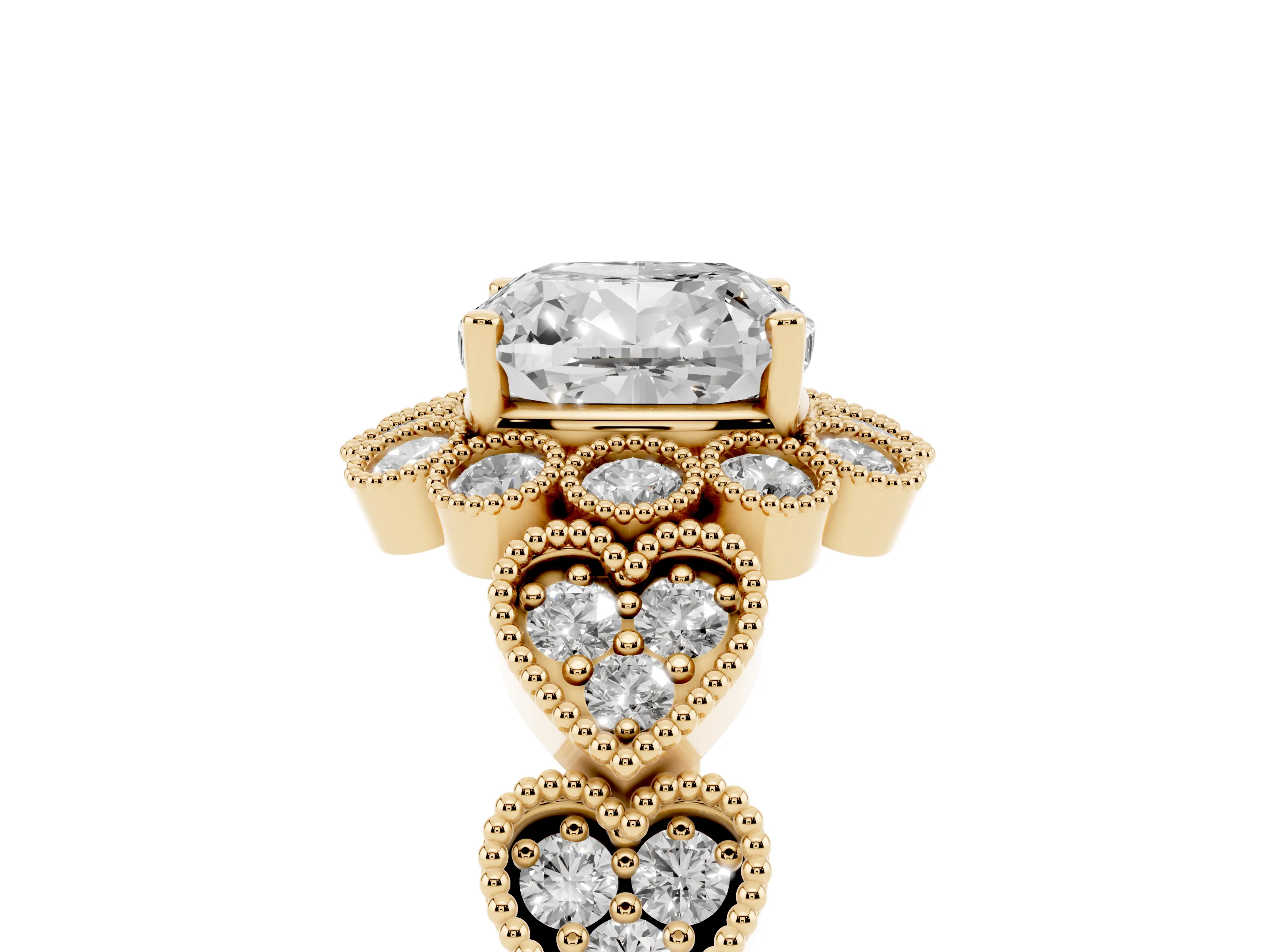 Cushion Cut Diamond Solitaire Ring Set in Yellow gold with Milgrain Pavé Heart Band