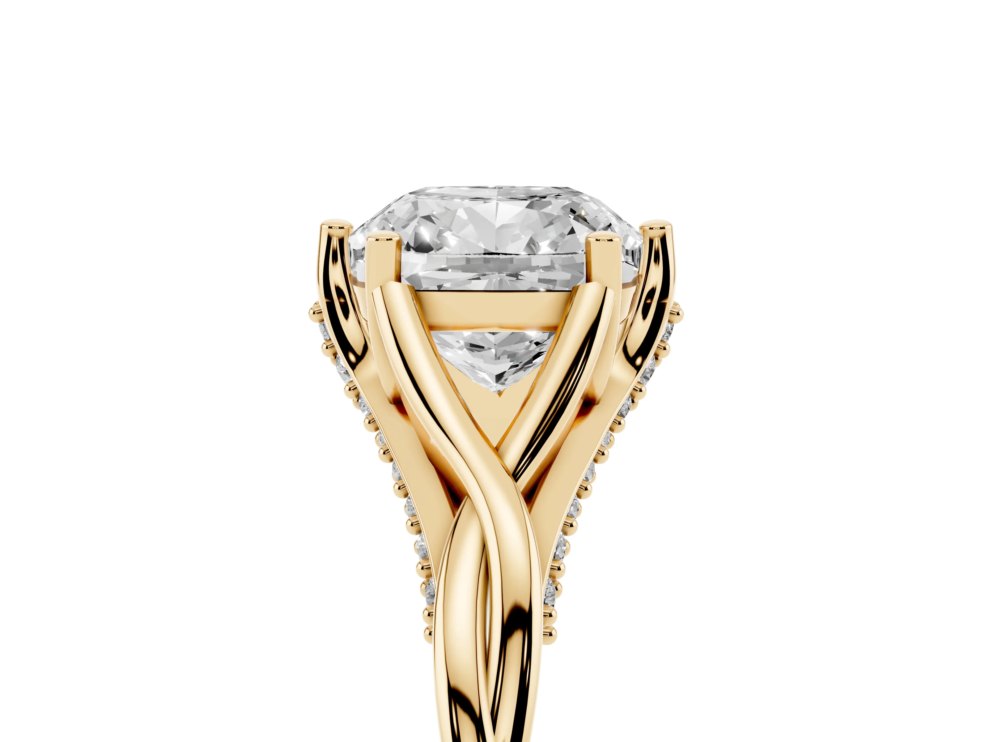 Cushion Cut Diamond Intertwined Twist Band Solitaire Ring Set in Yellow gold with Prong Setting