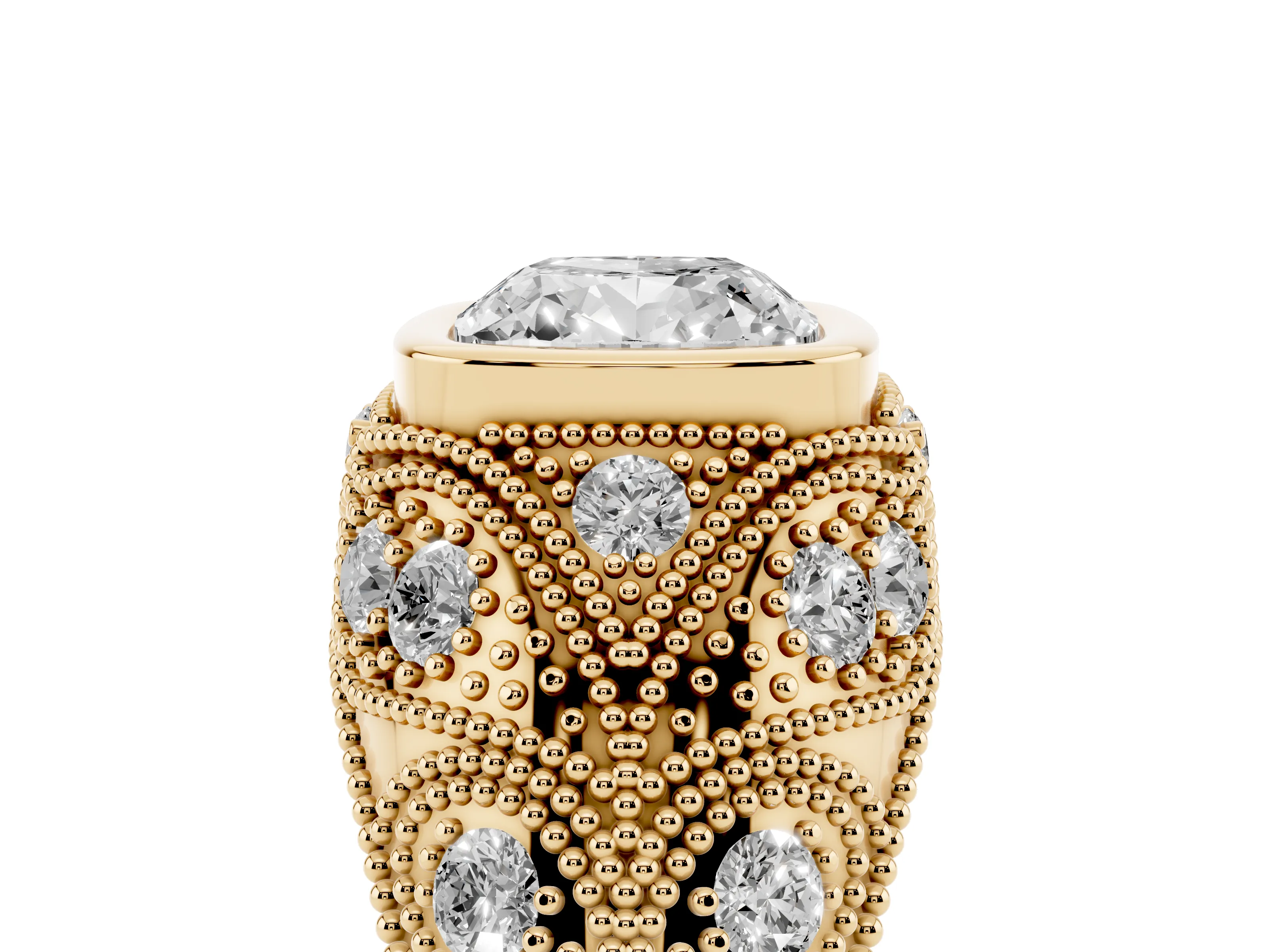 Cushion Cut Diamond Bezel Ring Set in Yellow gold with Milgrain Accent Band