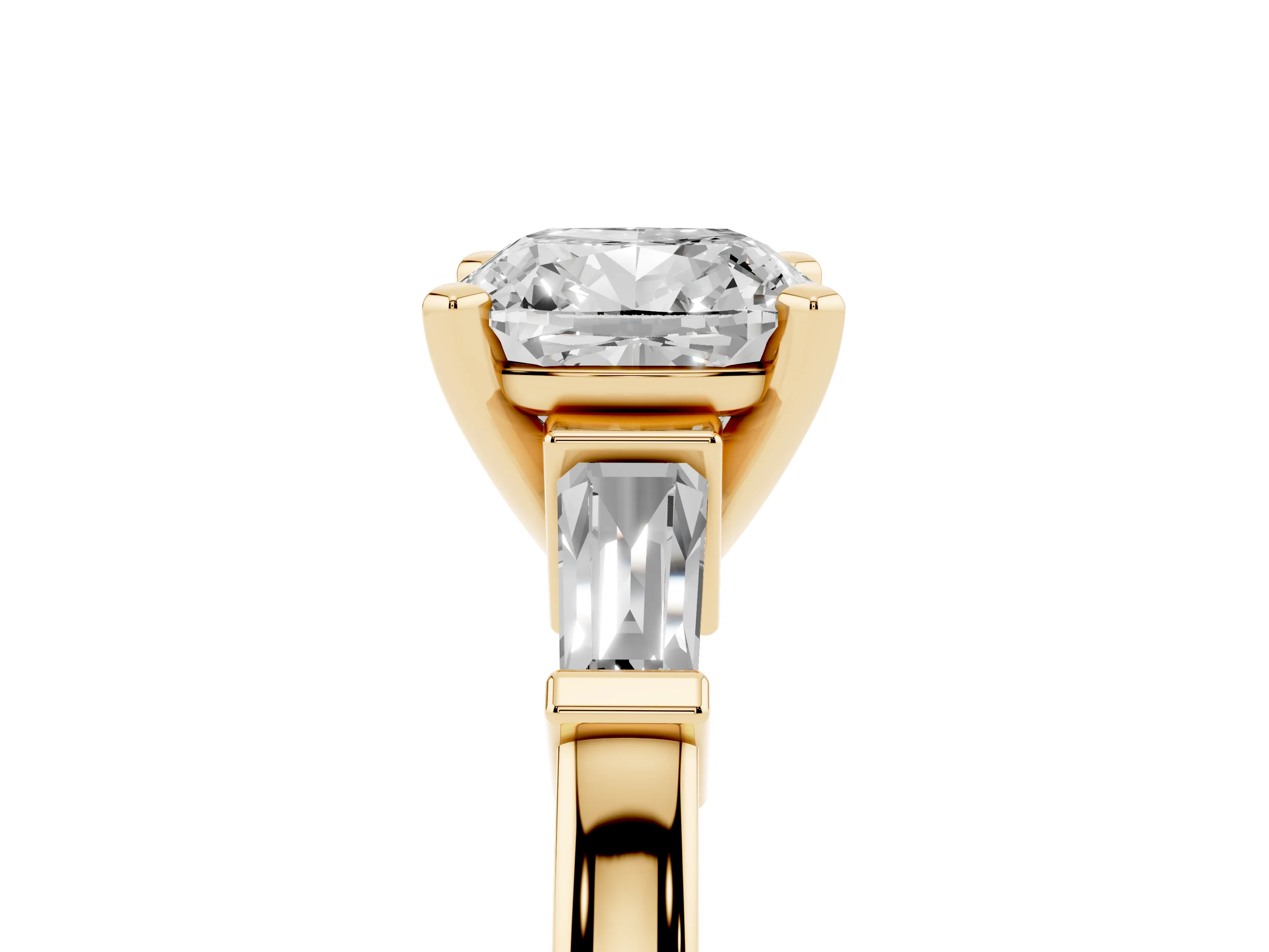 Cushion Cut Diamond Solitaire Ring Set in Yellow gold with Tapered Baguette Accents and Prong Setting