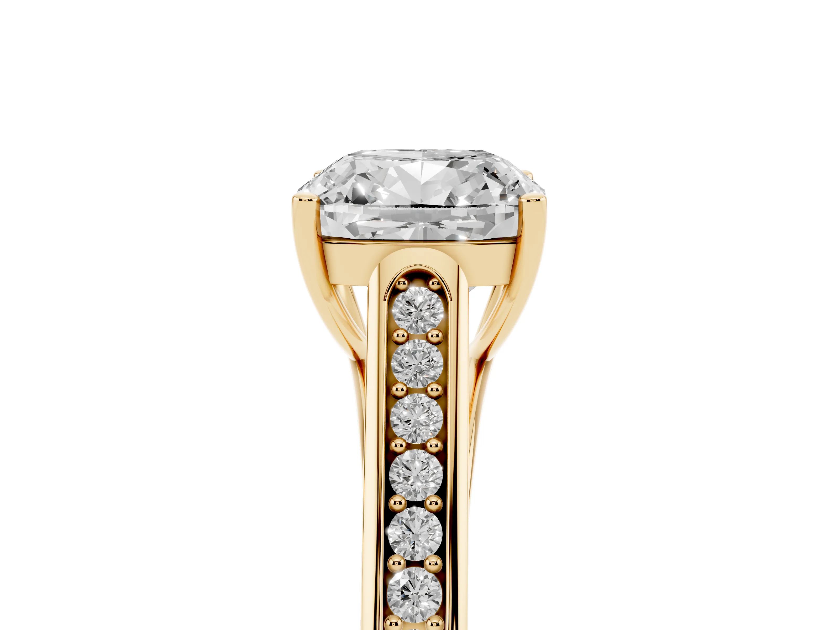 Cushion Cut Diamond Solitaire Cathedral Engagement Ring Set in Yellow gold with Channel-Set Band and Prong Setting