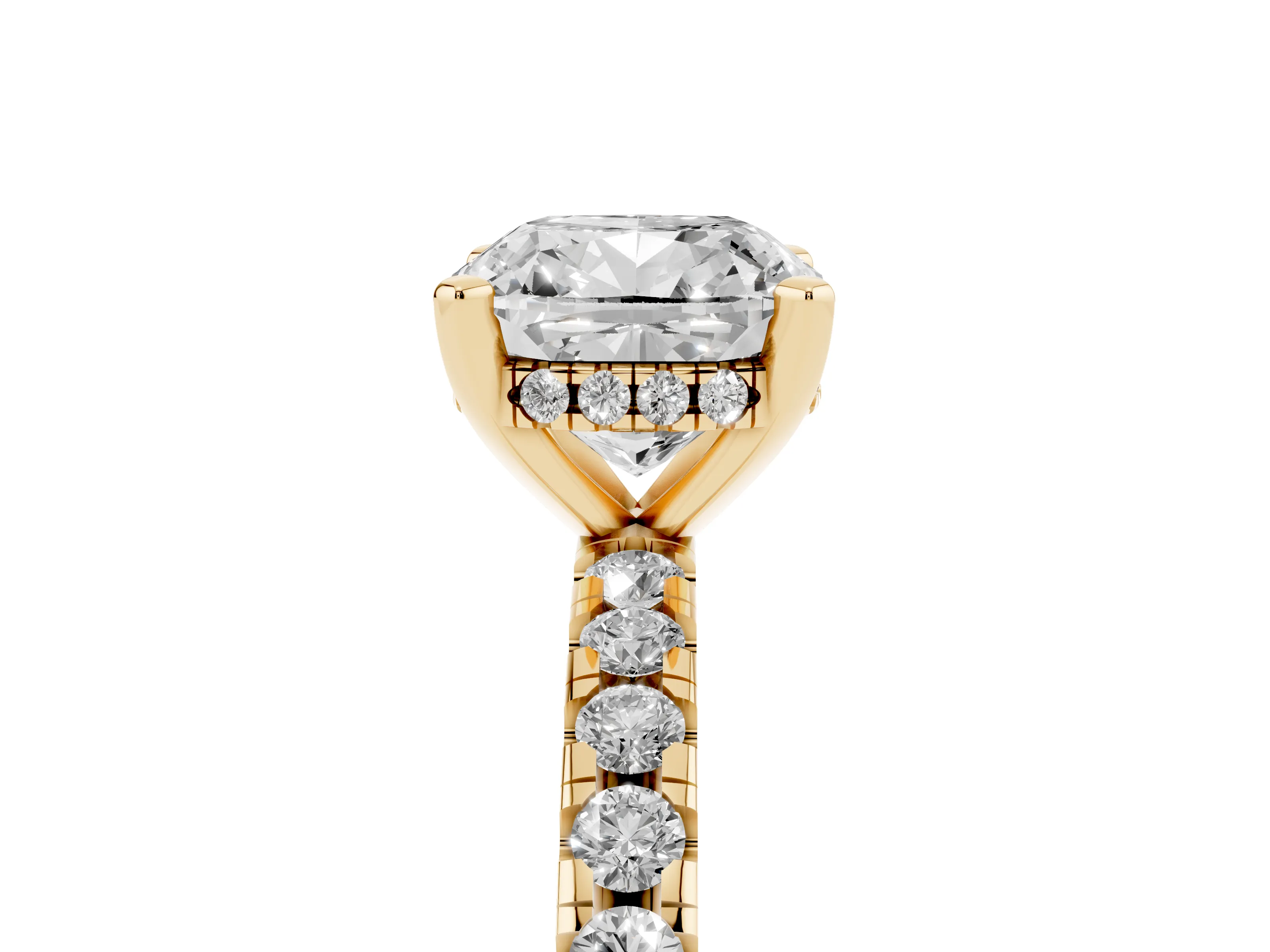 Cushion Cut Diamond Pavé Solitaire Ring Set in Yellow gold with Round Band Accents and Prong Setting