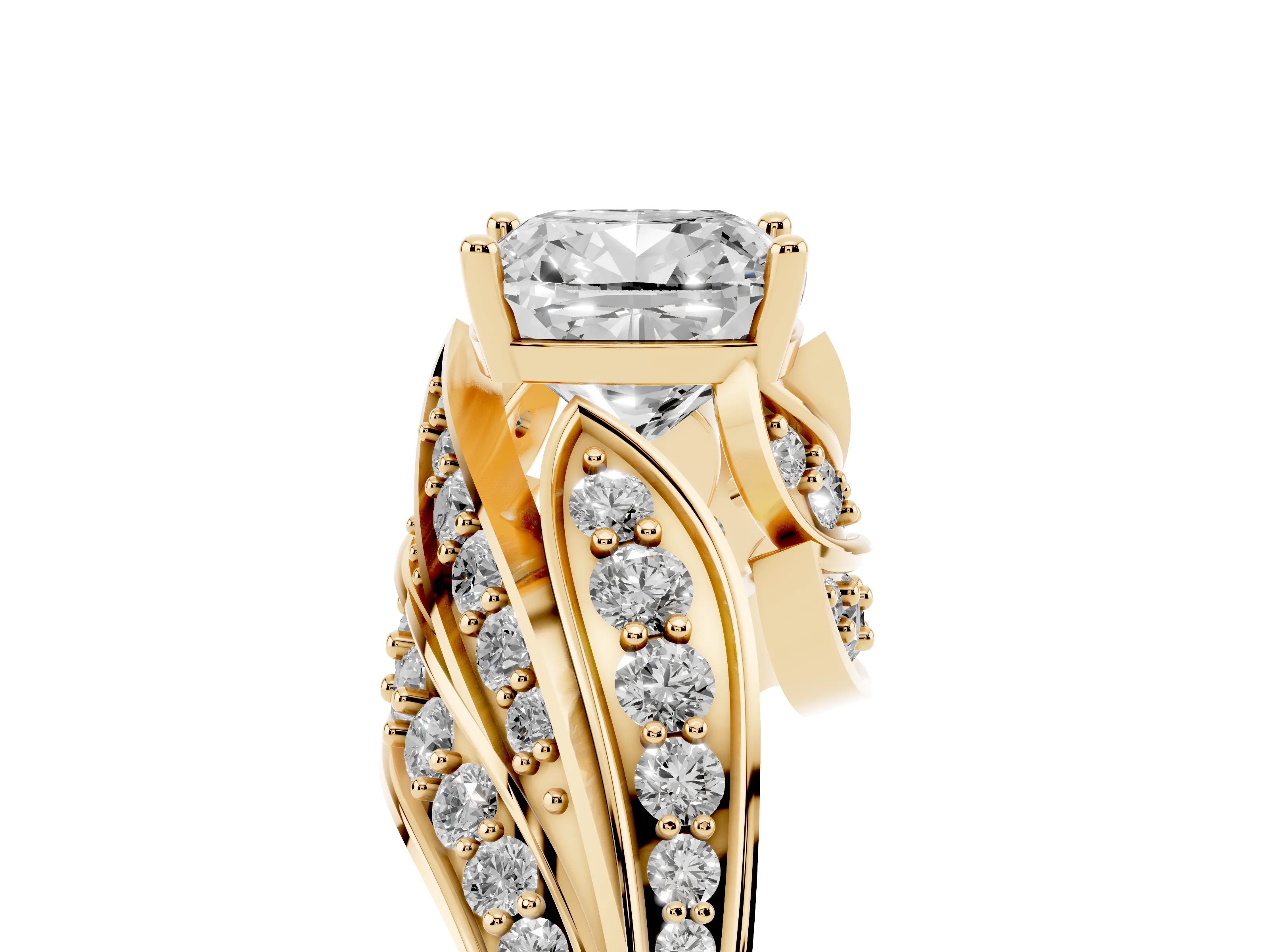 Cushion Cut Diamond Solitaire Ring Set in Yellow gold with Layered Twist Pavé Band