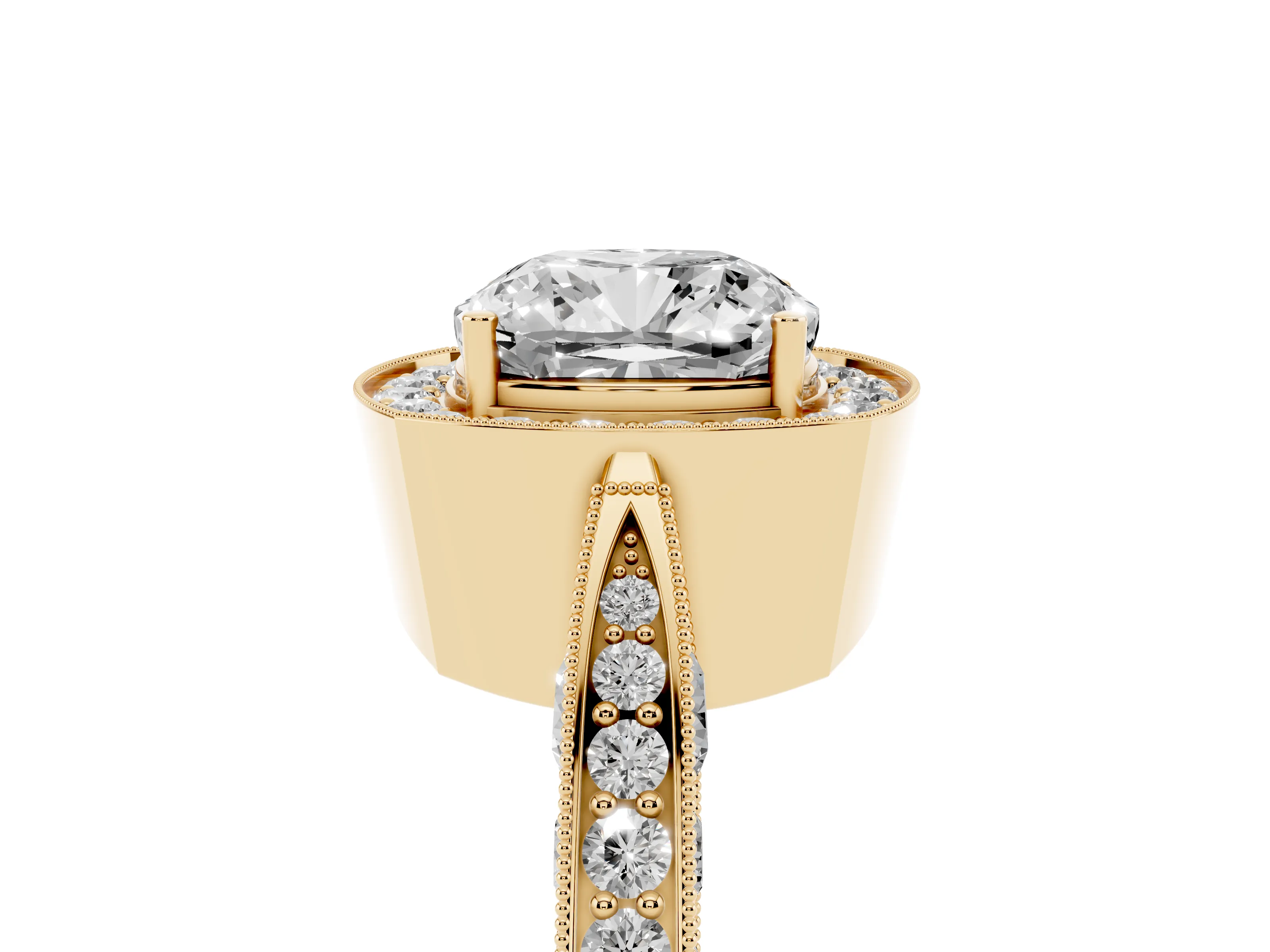 Cushion Cut Diamond Halo Engagement Ring Set in Yellow gold with Accent Split Shank Band