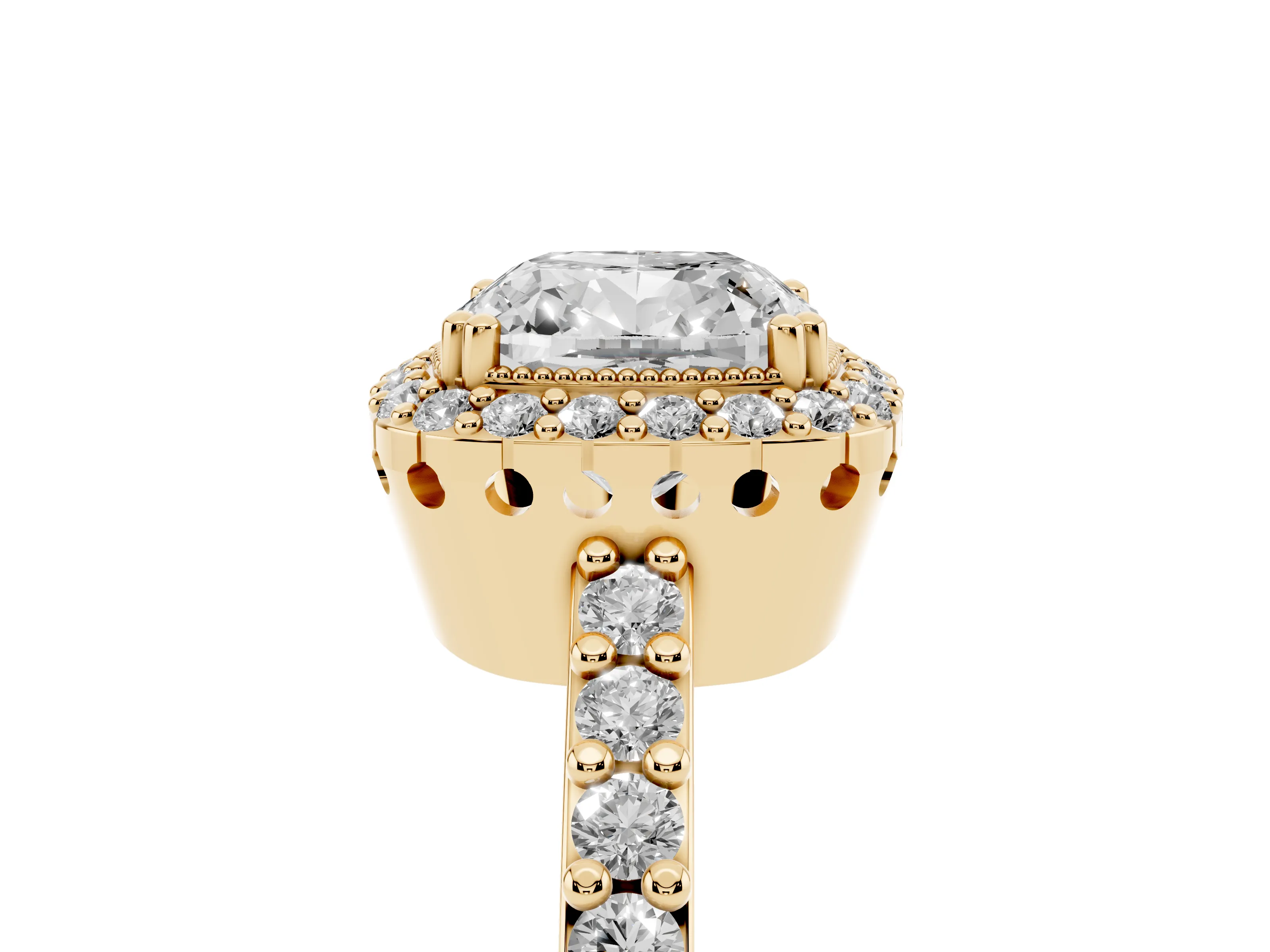 Cushion Cut Diamond Halo Engagement Ring Set in Yellow gold with Milgrain Detail and Pavé Band