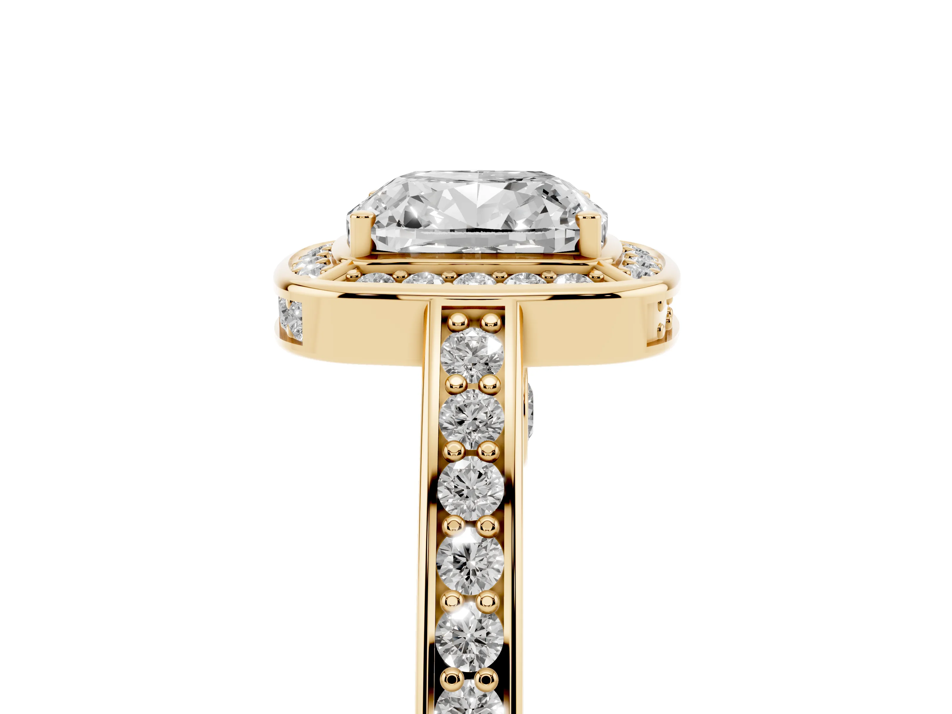 Cushion Cut Diamond Halo Pavé Split Shank Ring Set in Yellow gold with Prong Setting