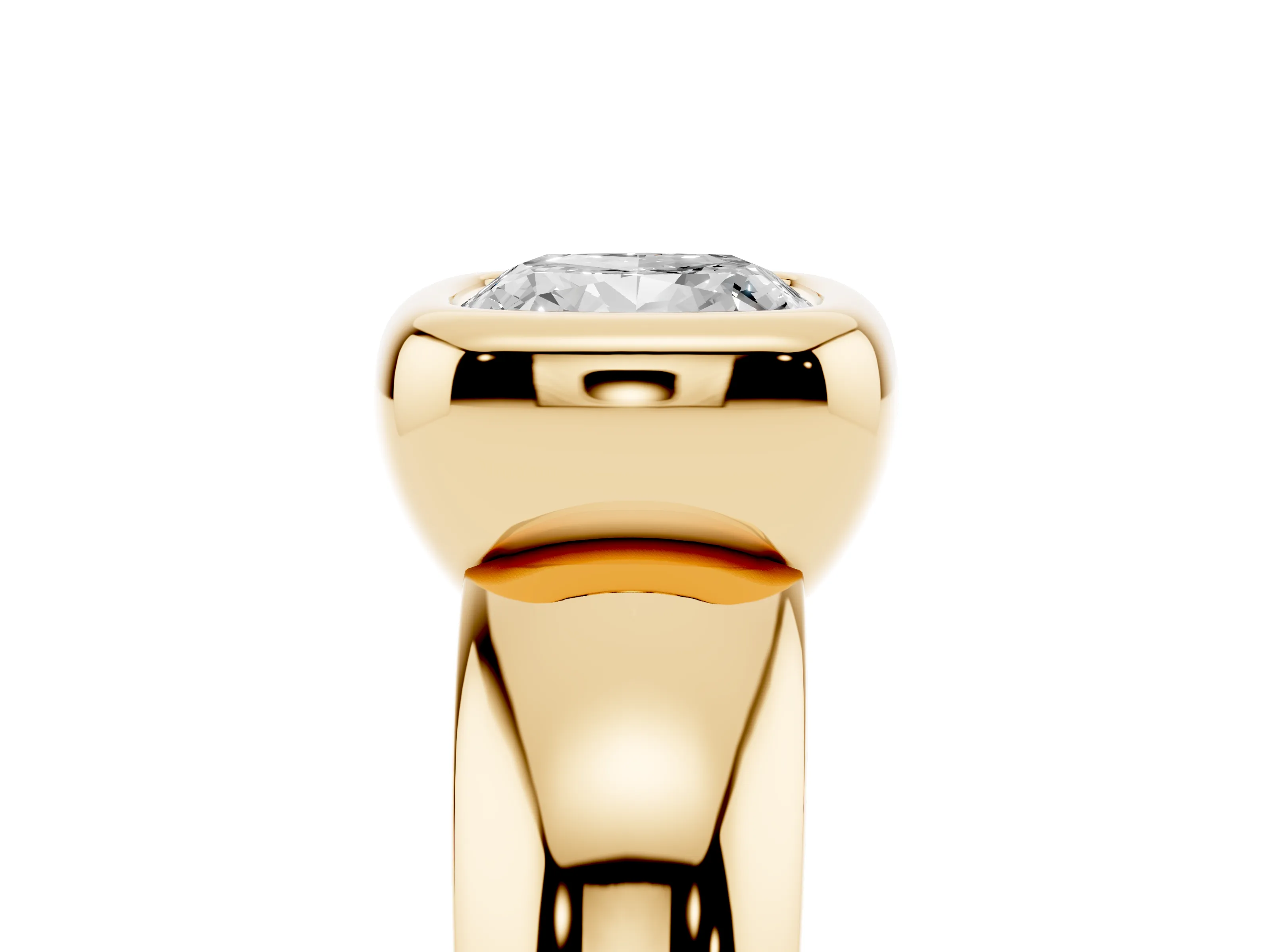 Bezel Set Cushion Cut Diamond Solitaire Ring Set in Yellow gold with Wide Band