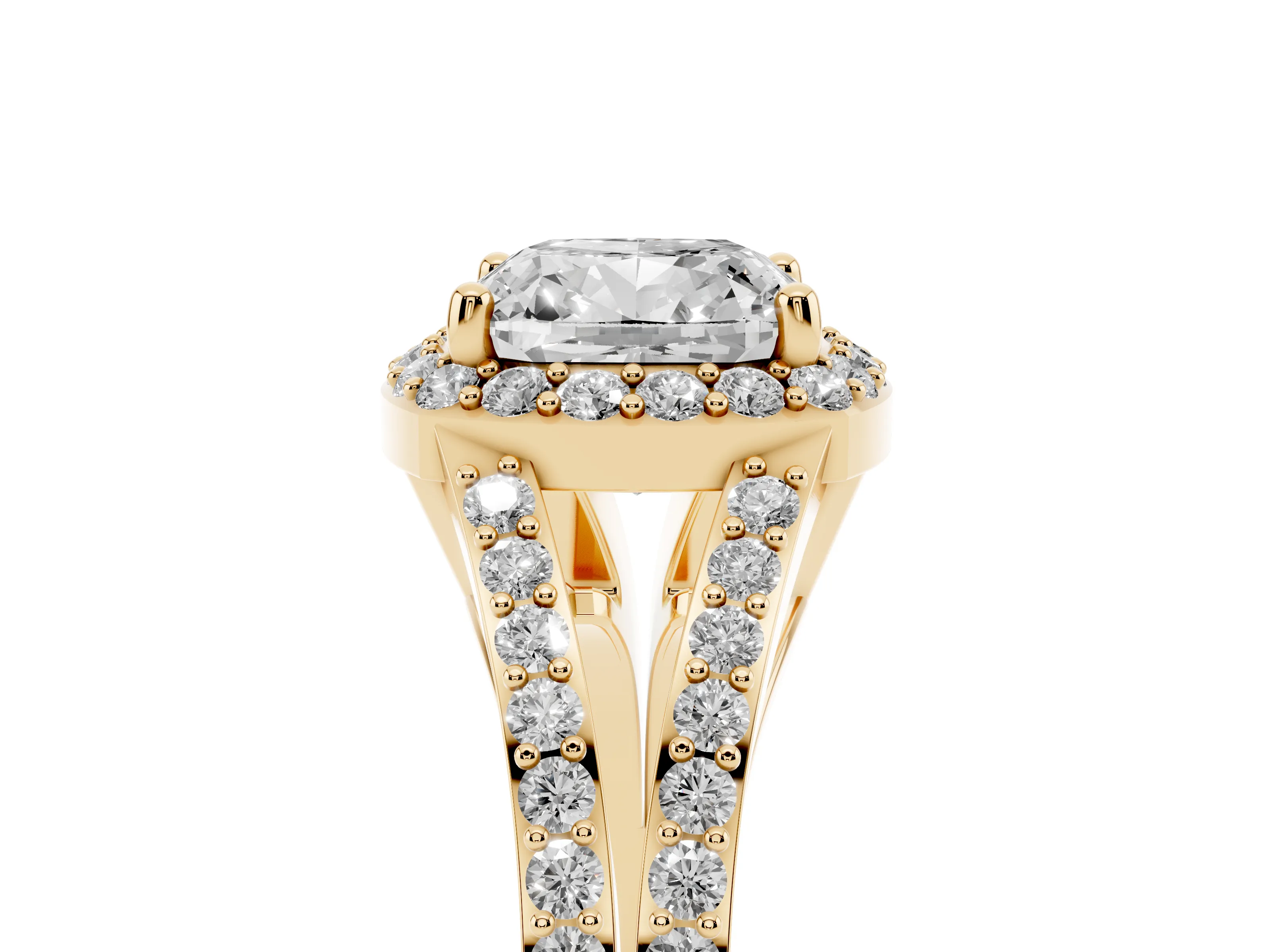 Cushion Cut Diamond Halo Split Shank Ring Set in Yellow gold with Accent Stones and Prong Setting