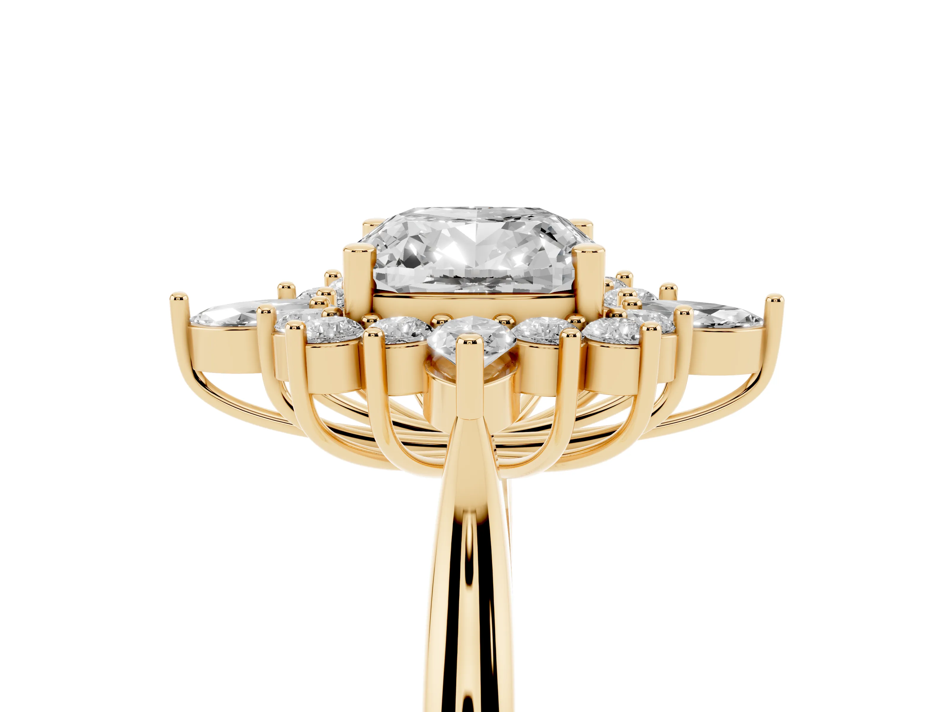 Cushion Cut Diamond Cluster Halo Ring Set in Yellow gold with Marquise and Round Accents