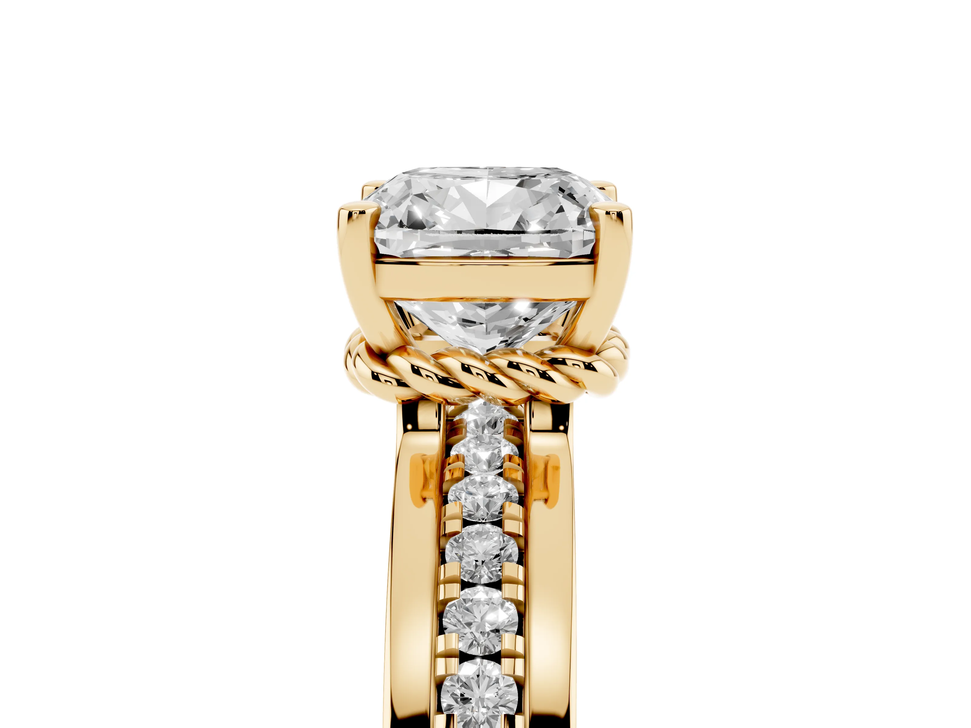 Cushion Cut Diamond Solitaire Ring Set in Yellow gold with Channel Set Band and Prong Setting