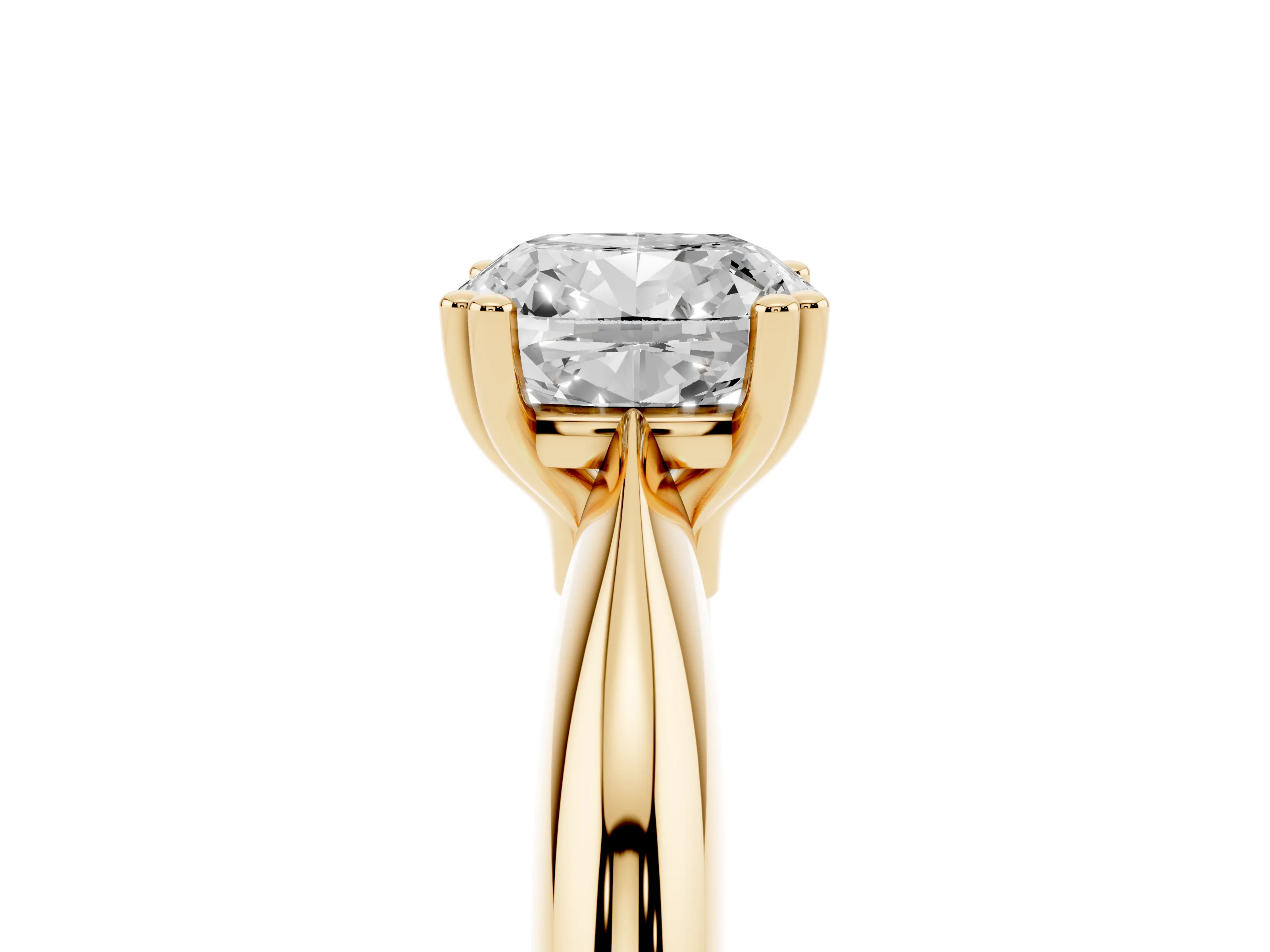 Cushion Cut Diamond Solitaire Engagement Ring Set in Yellow gold with Tapered Band and Prong Setting