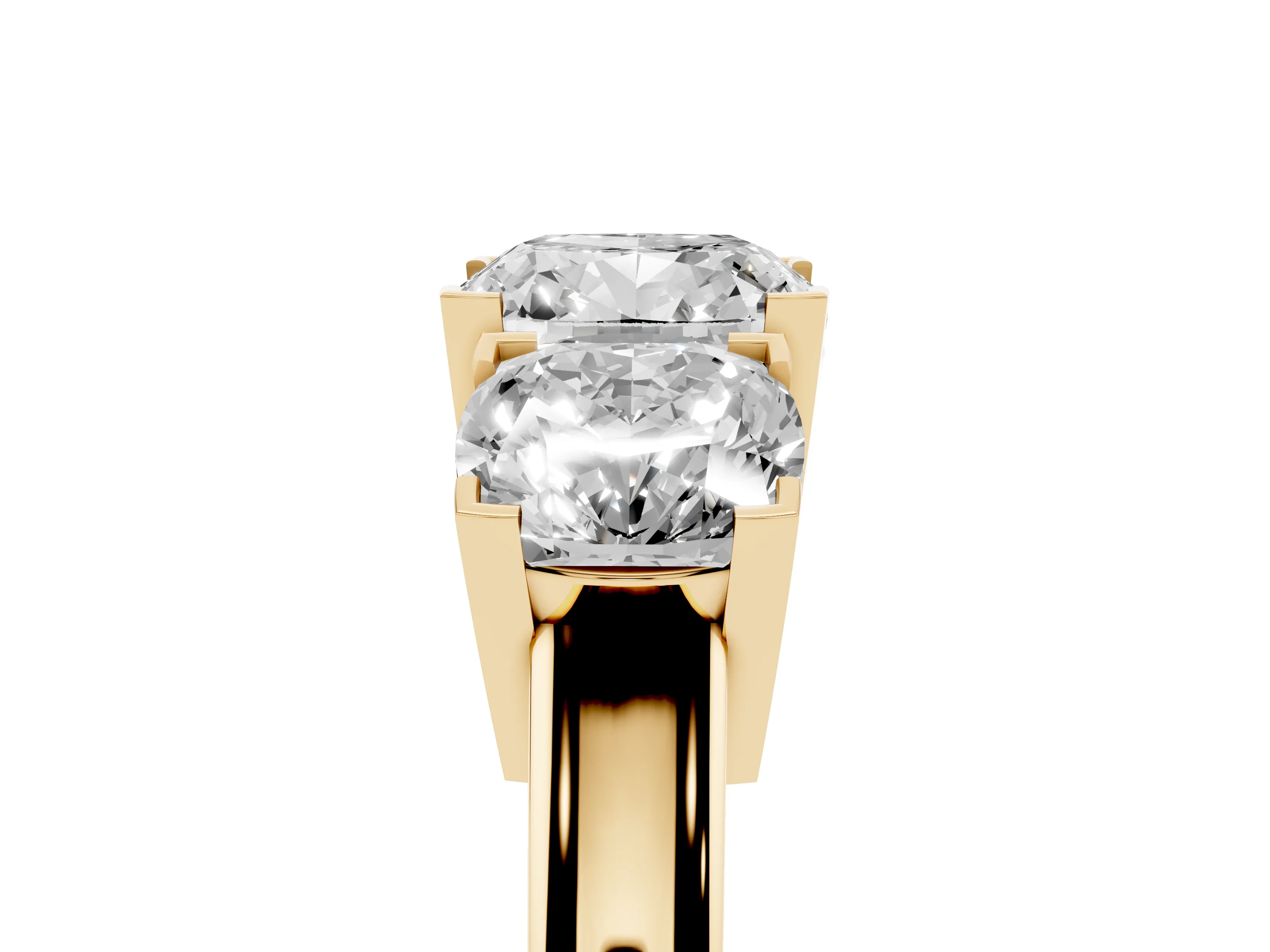 Cushion Cut Diamond Three-Stone Ring Set in Yellow gold with Channel-Set Band and Prong Settings