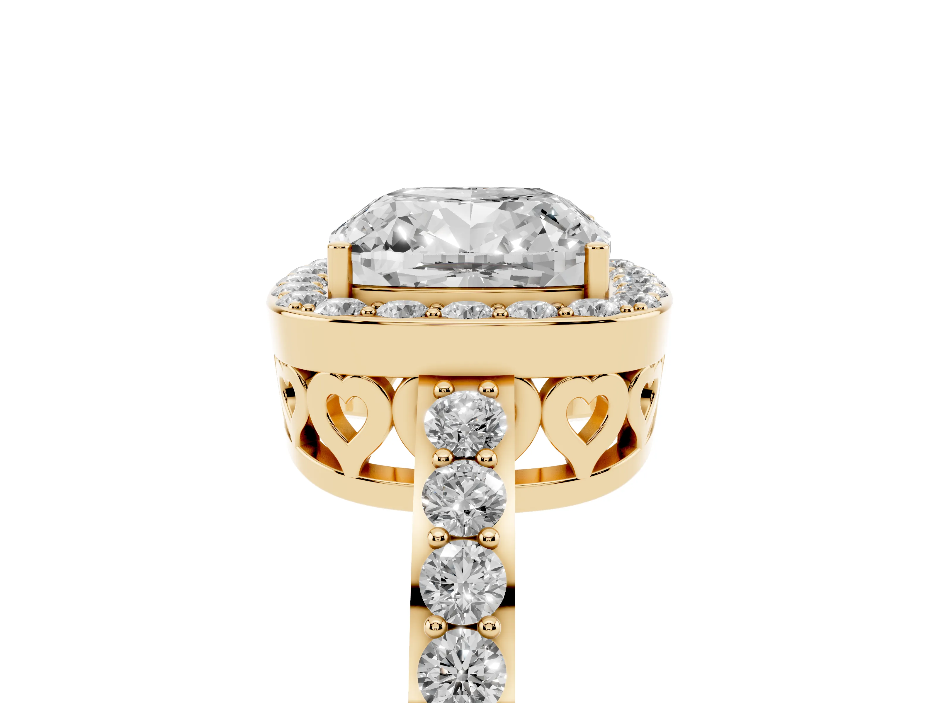 Cushion Cut Diamond Halo Ring Set in Yellow gold with Pavé-Setting Band and Open Prong Center