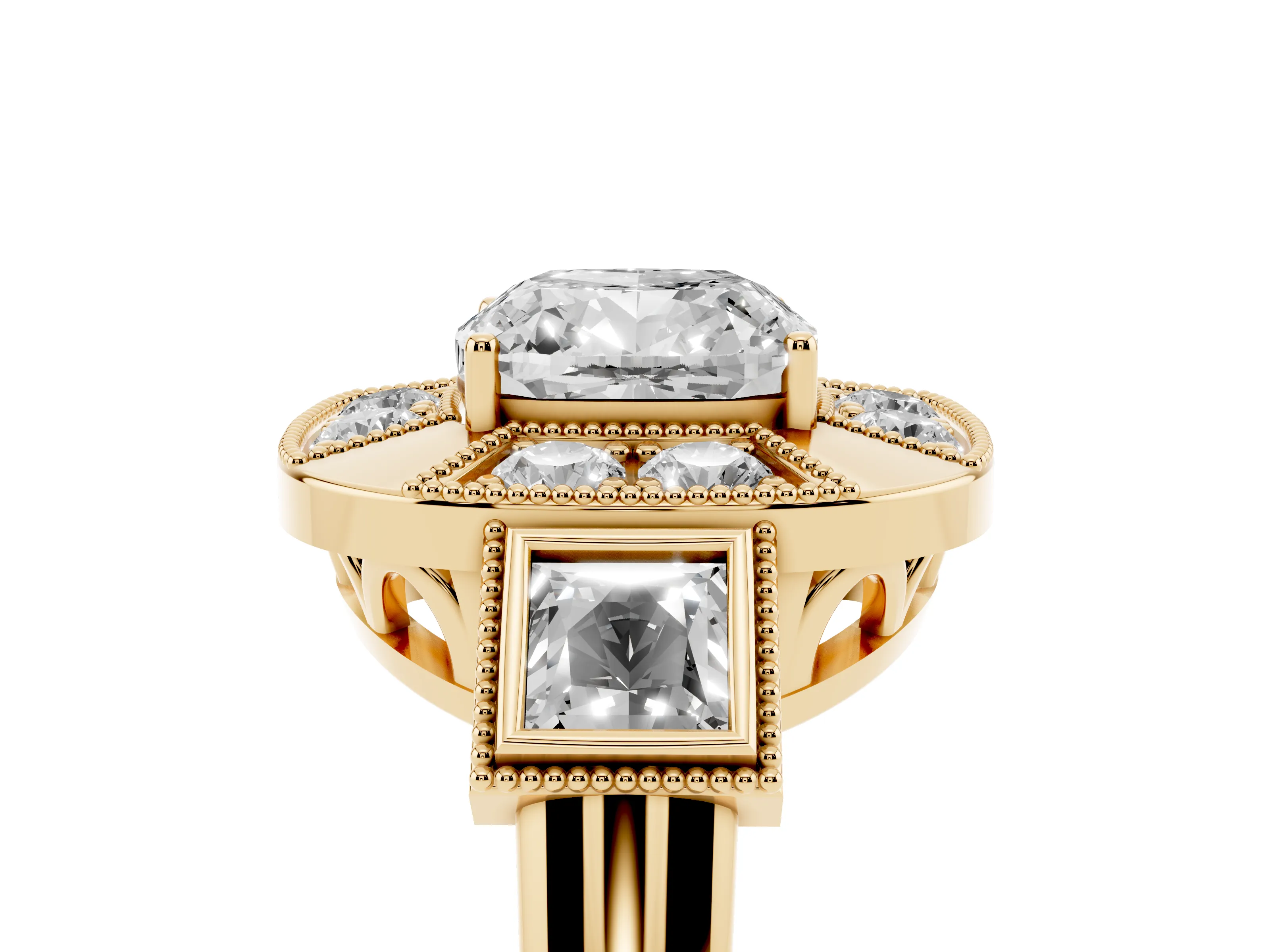 Cushion Cut Diamond Milgrain Halo Ring Set in Yellow gold with Split Shank