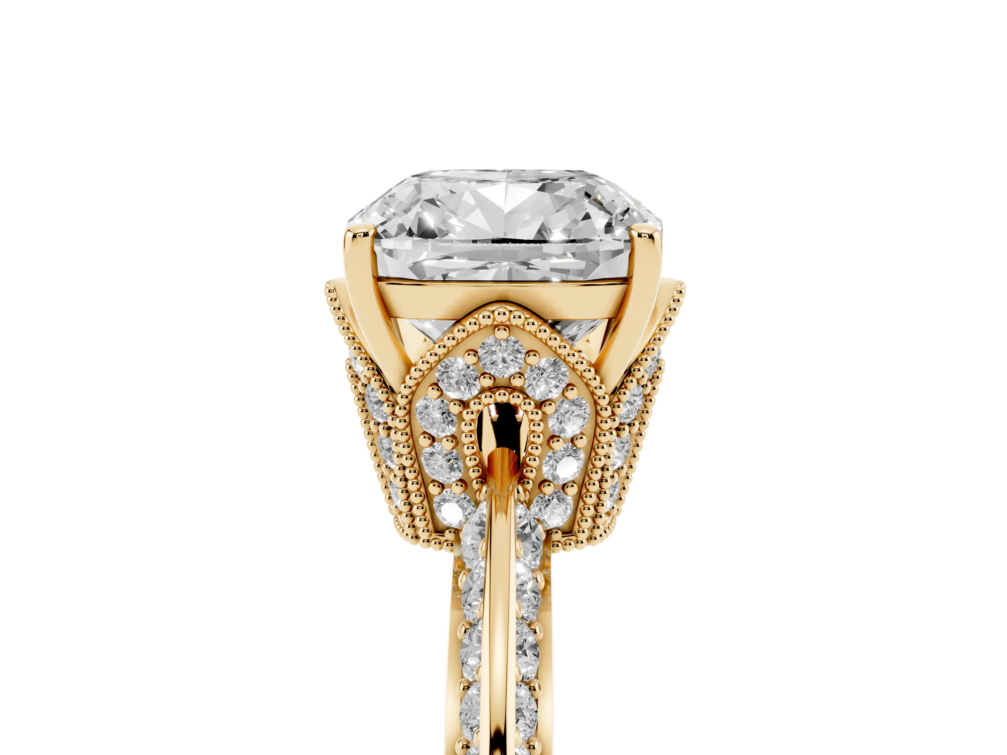 Cushion Cut Diamond Solitaire Engagement Ring Set in Yellow gold with Pavé Split Shank and Prong Setting