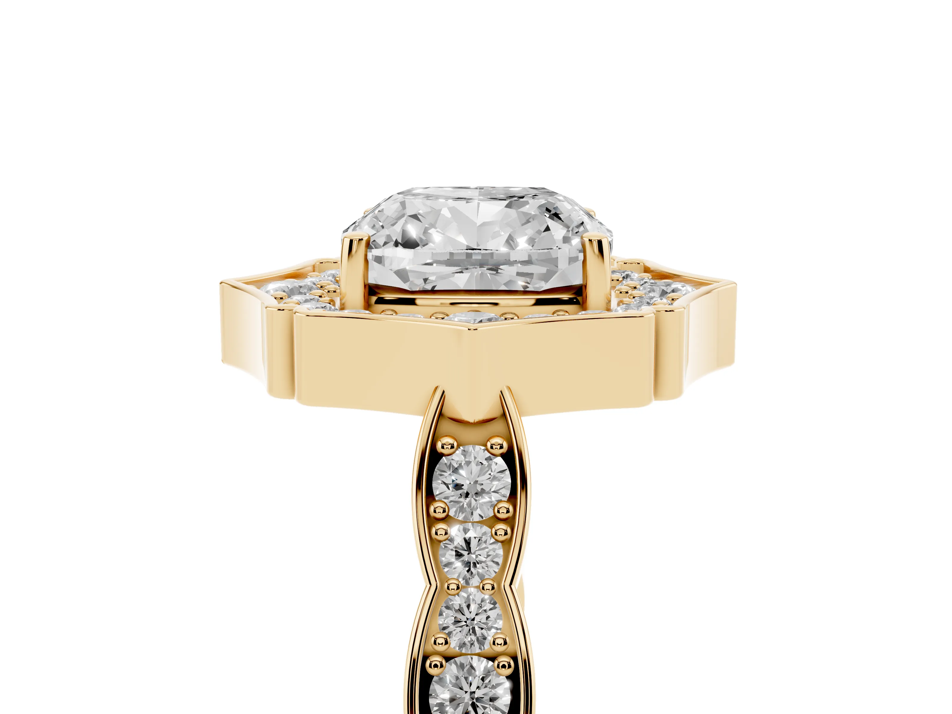 Cushion Cut Diamond Halo Engagement Ring Set in Yellow gold with Milgrain Band and Prong Setting