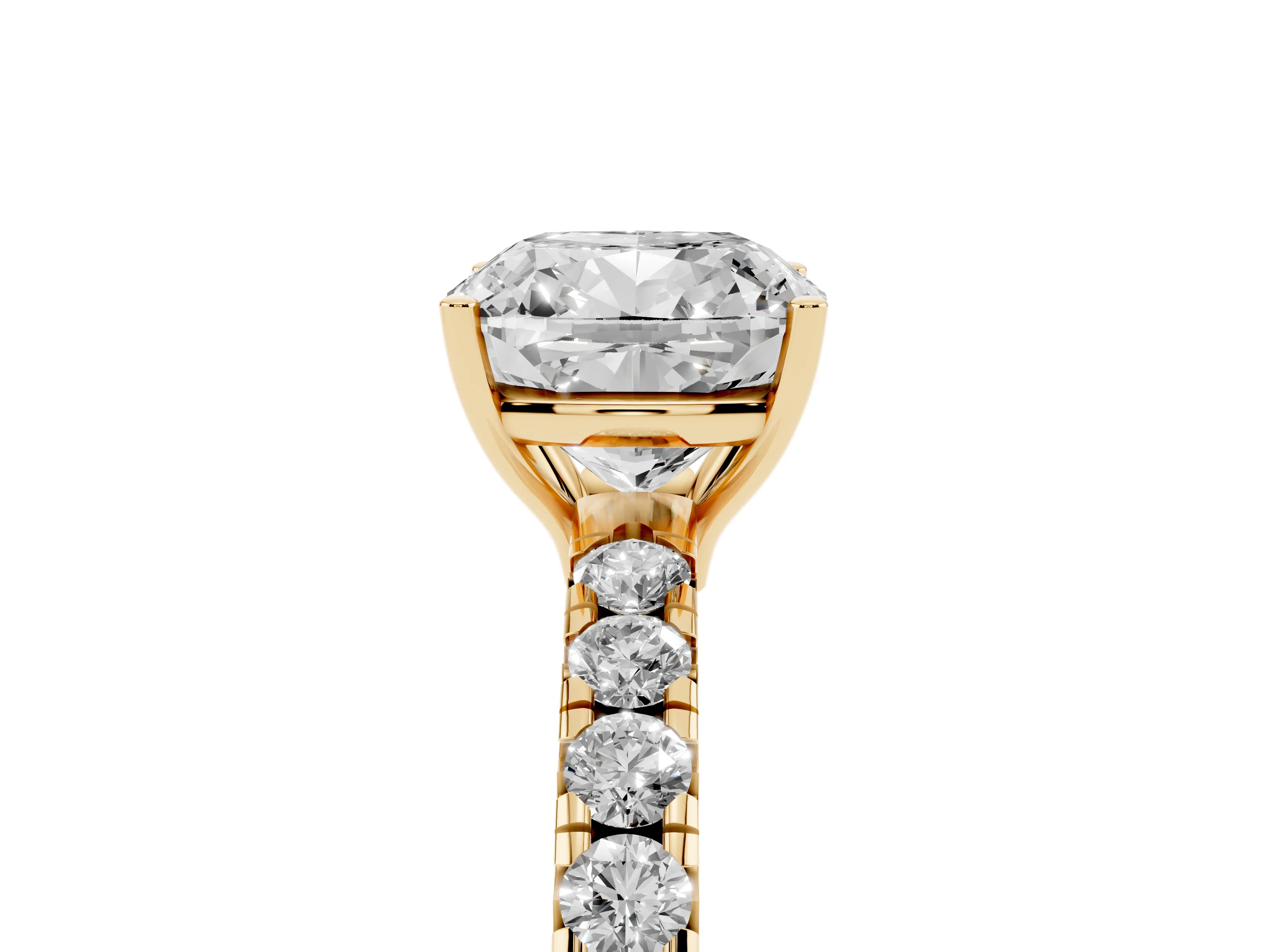 Cushion Cut Diamond Pavé Solitaire Engagement Ring Set in Yellow gold with Prong Setting