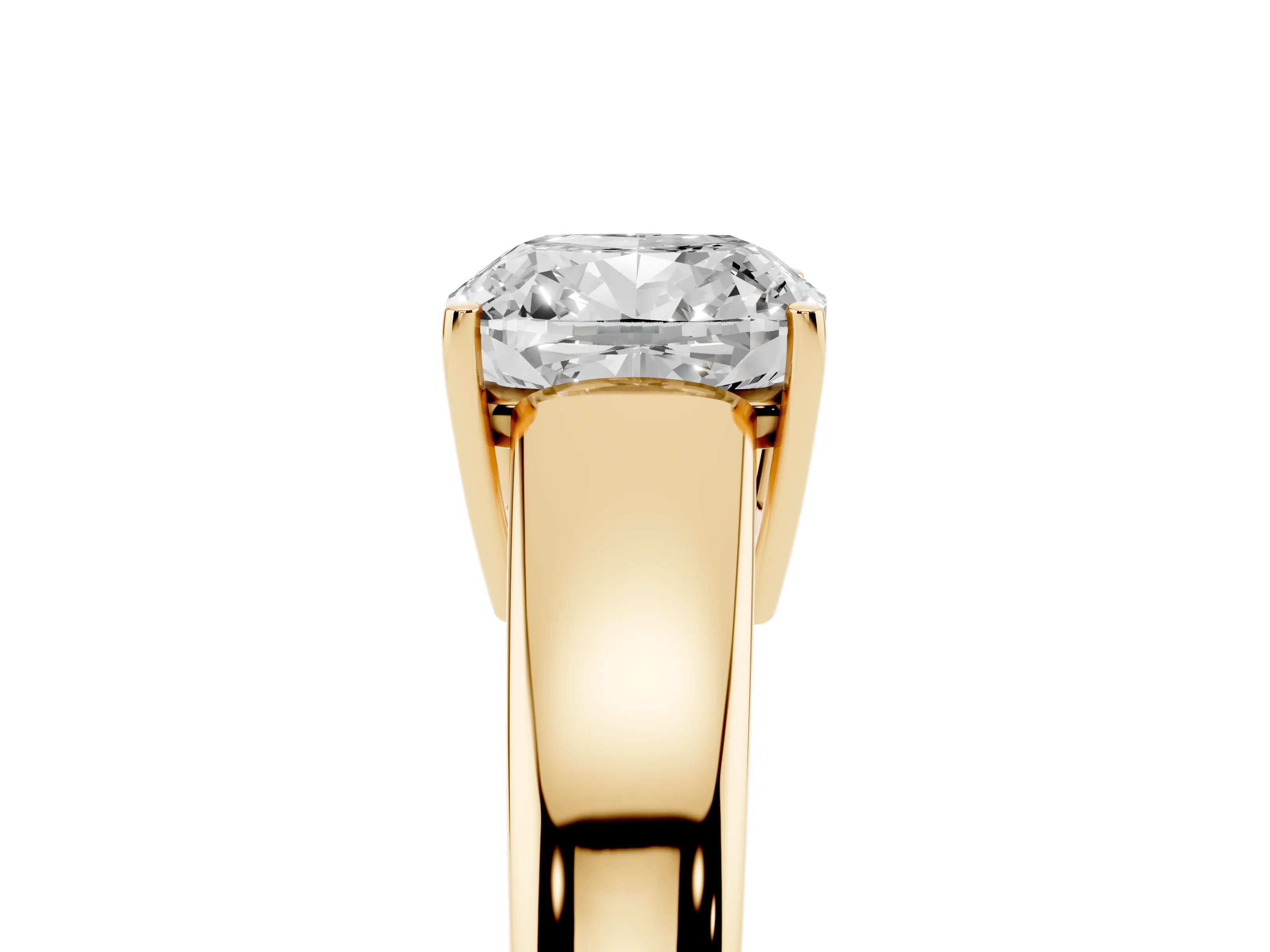 Cushion Cut Diamond Solitaire Ring Set in Yellow gold with Tapered Band and Prong Setting