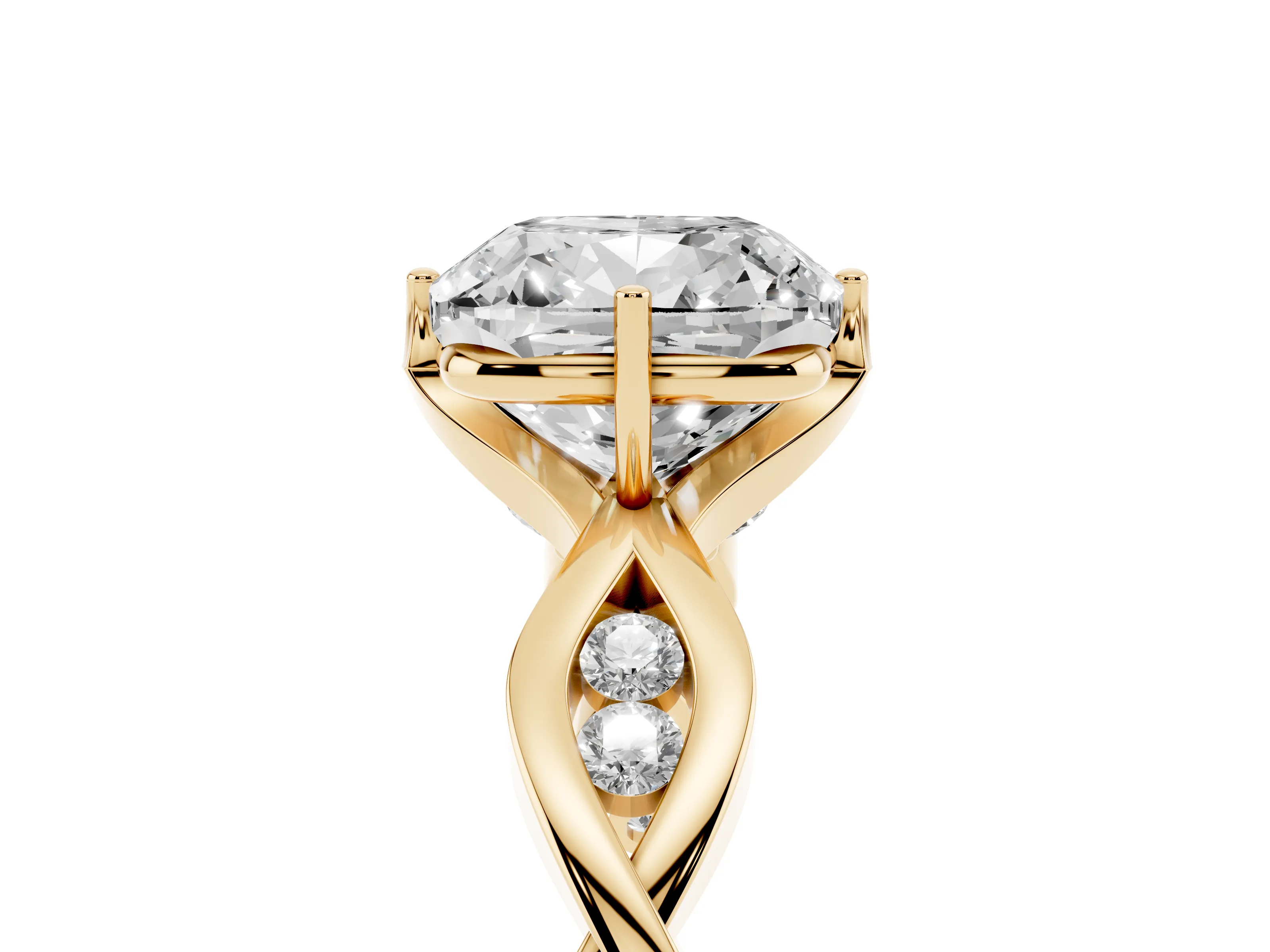 Cushion Cut Diamond Twist Band Solitaire Ring Set in Yellow gold with Leaf Prong Setting and Accent Stones