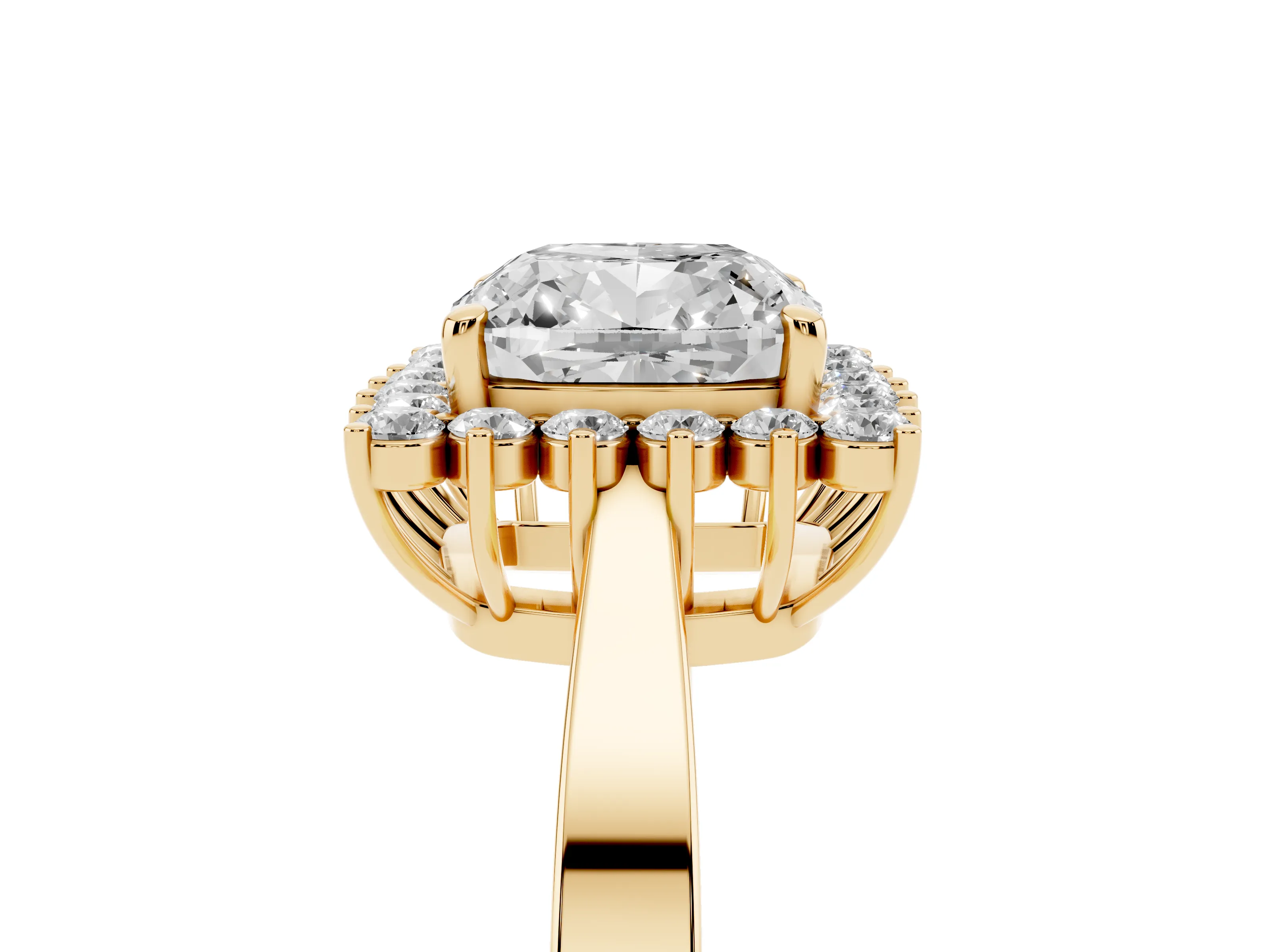Cushion Cut Diamond Halo Ring Set in Yellow gold with Round Halo and Smooth Solitaire Band