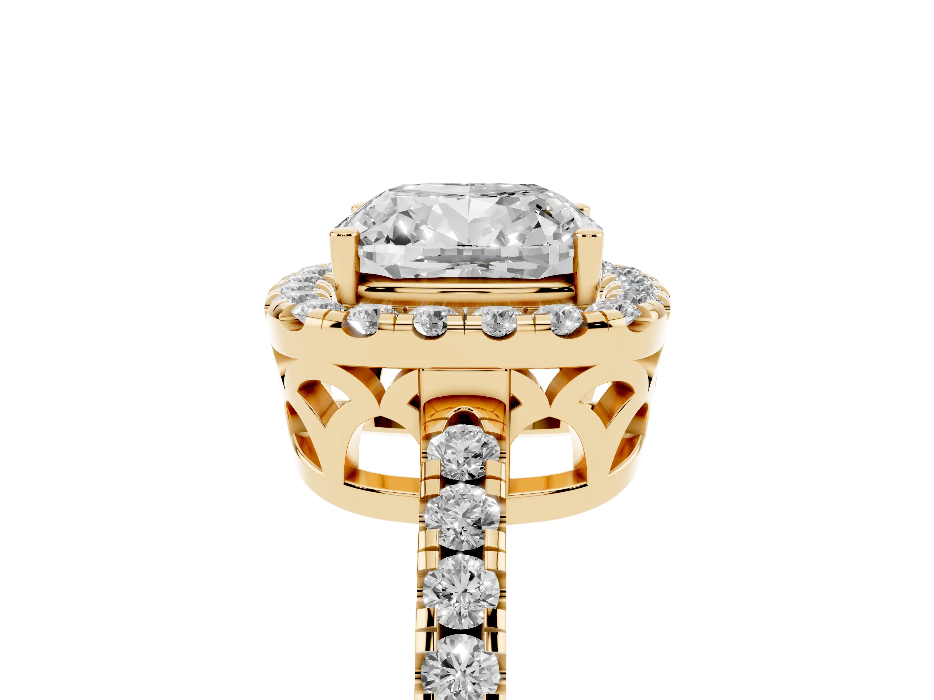 Cushion Cut Diamond Pavé Band Halo Engagement Ring Set in Yellow gold with Prong Setting