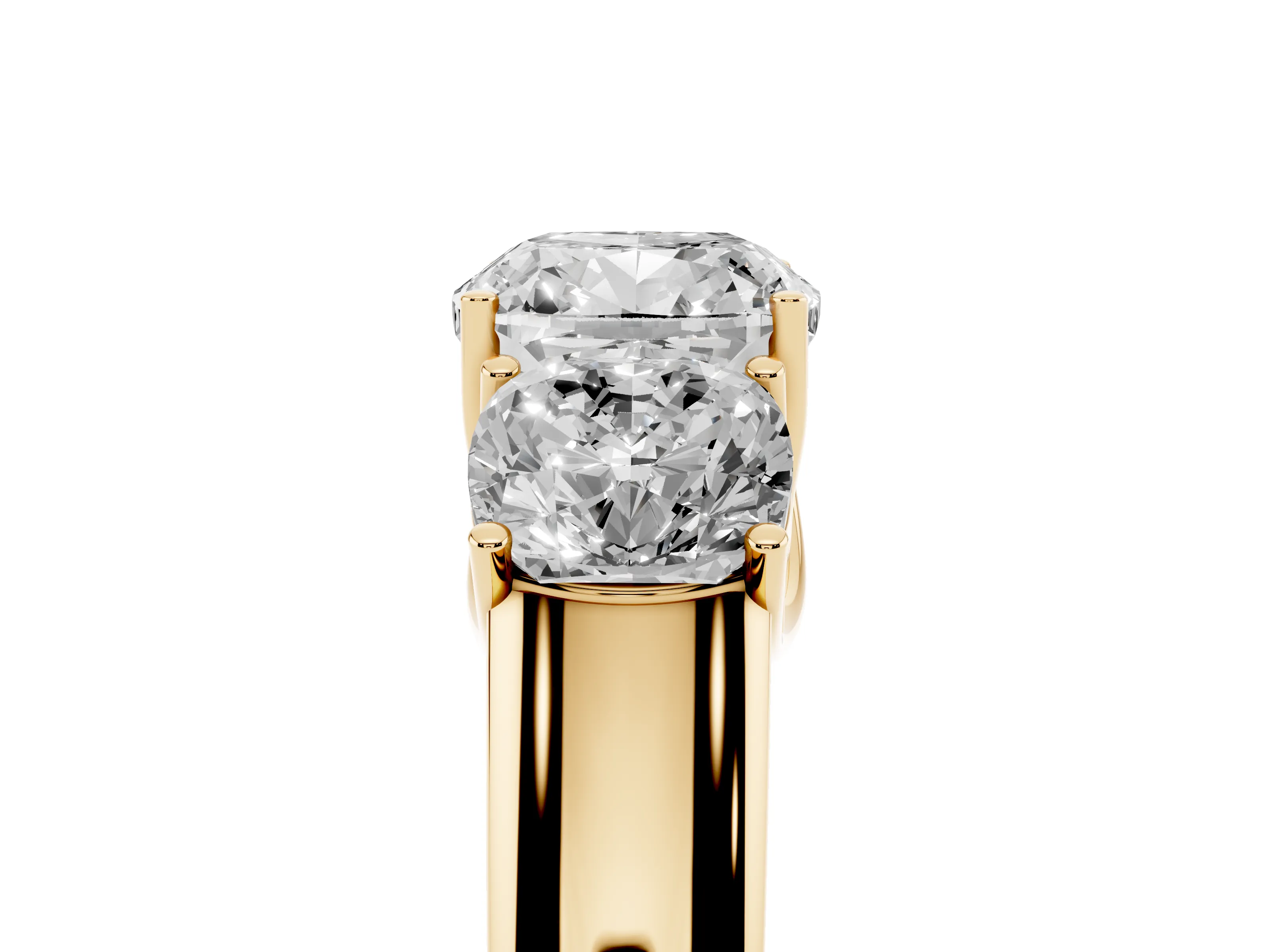 Three-Stone Cushion Cut Diamond Ring Set in Yellow gold with Matching Prong Settings and Plain Band