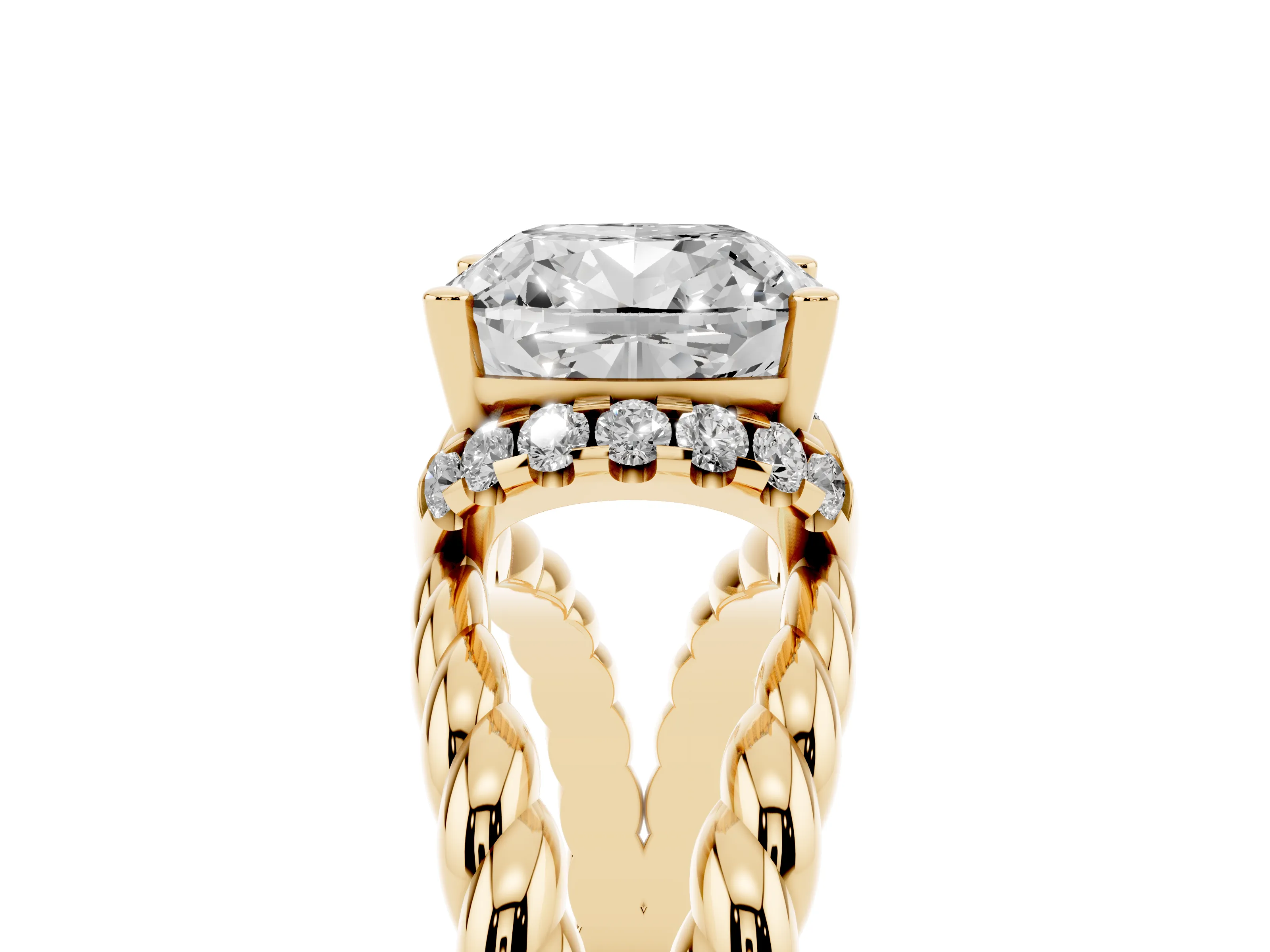 Cushion Cut Diamond Halo Ring Set in Yellow gold with Twisted Band and Prong Setting